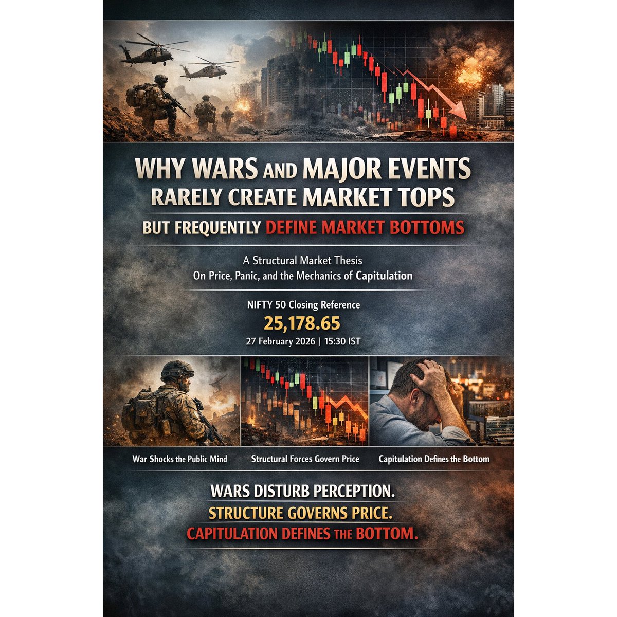 TradeNirva's tweet image. Wars Shock the World. Structure Moves the Market.

When headlines scream war, markets quietly build their bottom.

A structural reminder to self.

#GeopoliticalRisk #ExogenousEvents #MarketStructure #TechnicalAnalysis #MarketPsychology #Capitulation #NIFTY50 #GlobalMarkets