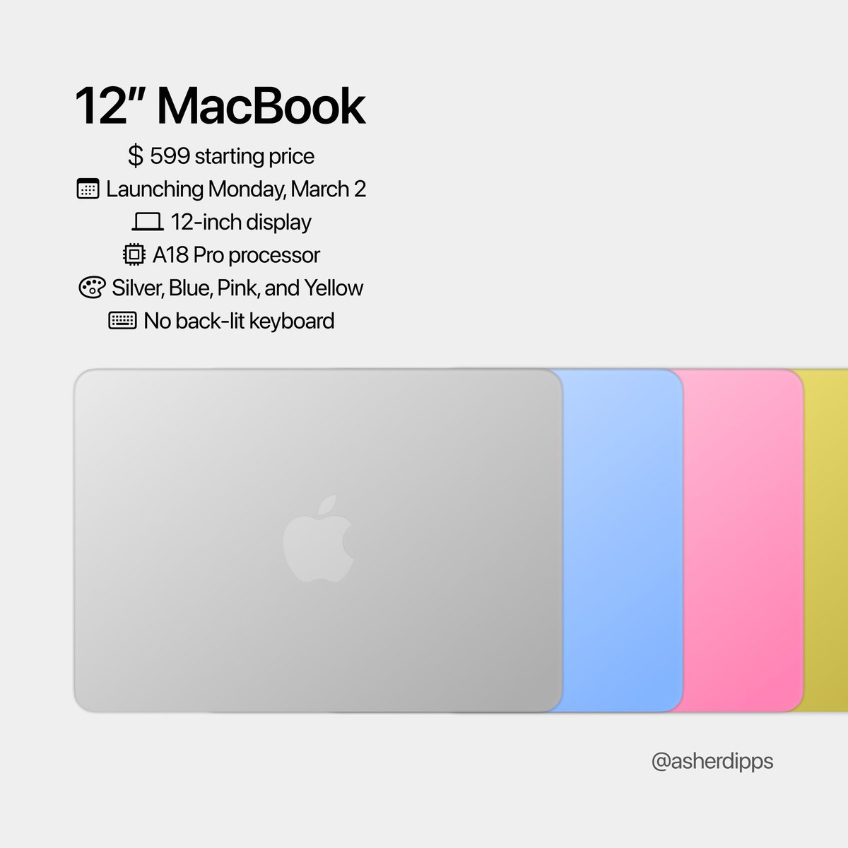 asherdipps's tweet image. The budget MacBook is launching on Monday, March 2!
Here's what to expect...