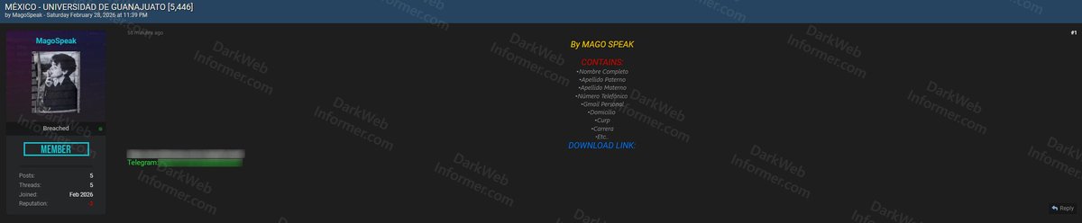 DarkWebInformer's tweet photo. ‼️🇲🇽 A threat actor on a hacking forum has allegedly leaked data from the Universidad de Guanajuato in Mexico, containing 5,446 records.

The leaked data allegedly includes:

• Nombre Completo (full name)
• Apellido Paterno & Materno (paternal & maternal surnames)
• Numero Telefonico (phone number)
• Gmail Personal (personal email)
• Domicilio (home address)
• CURP (national ID number)
• Carrera (degree program)