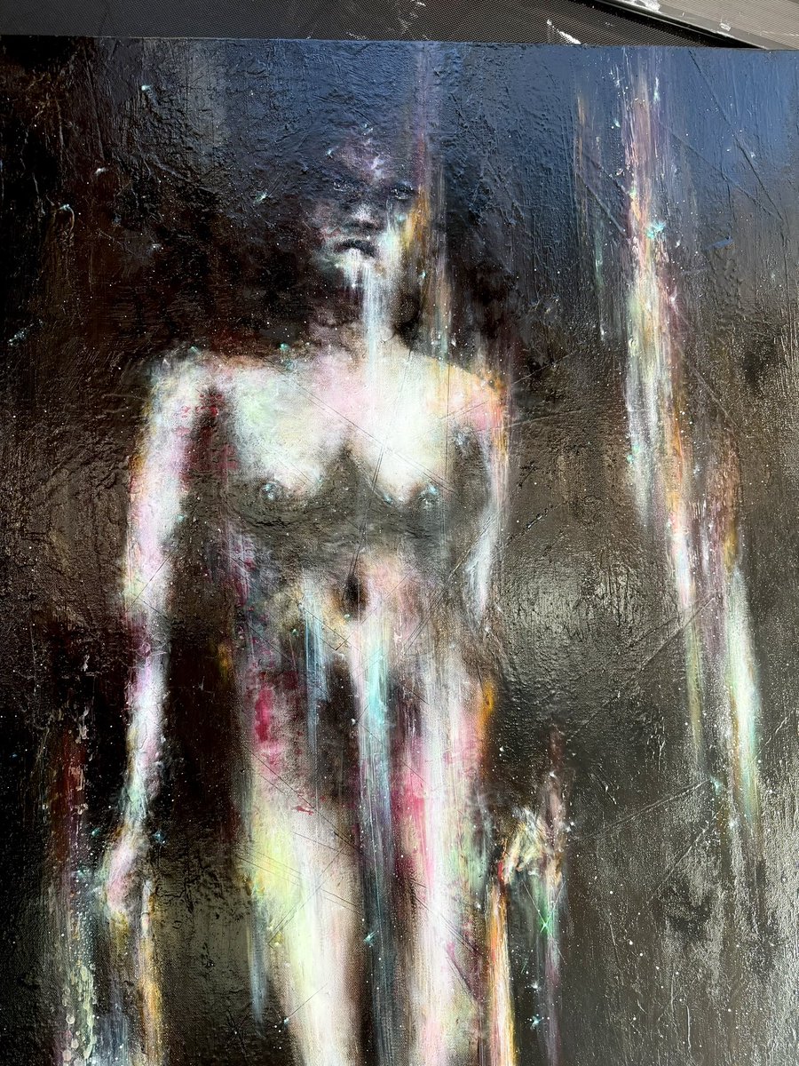 48x36 female/space detail work on stars, galaxies, nebulae. Reinforcement of the various shades of black, with gloss and matte. #art #painting #figurativeart #modernart #contemporarypainting #kelliethomaswalker #artist #artwork #artworks #artlife #artcollector #outerspace #space