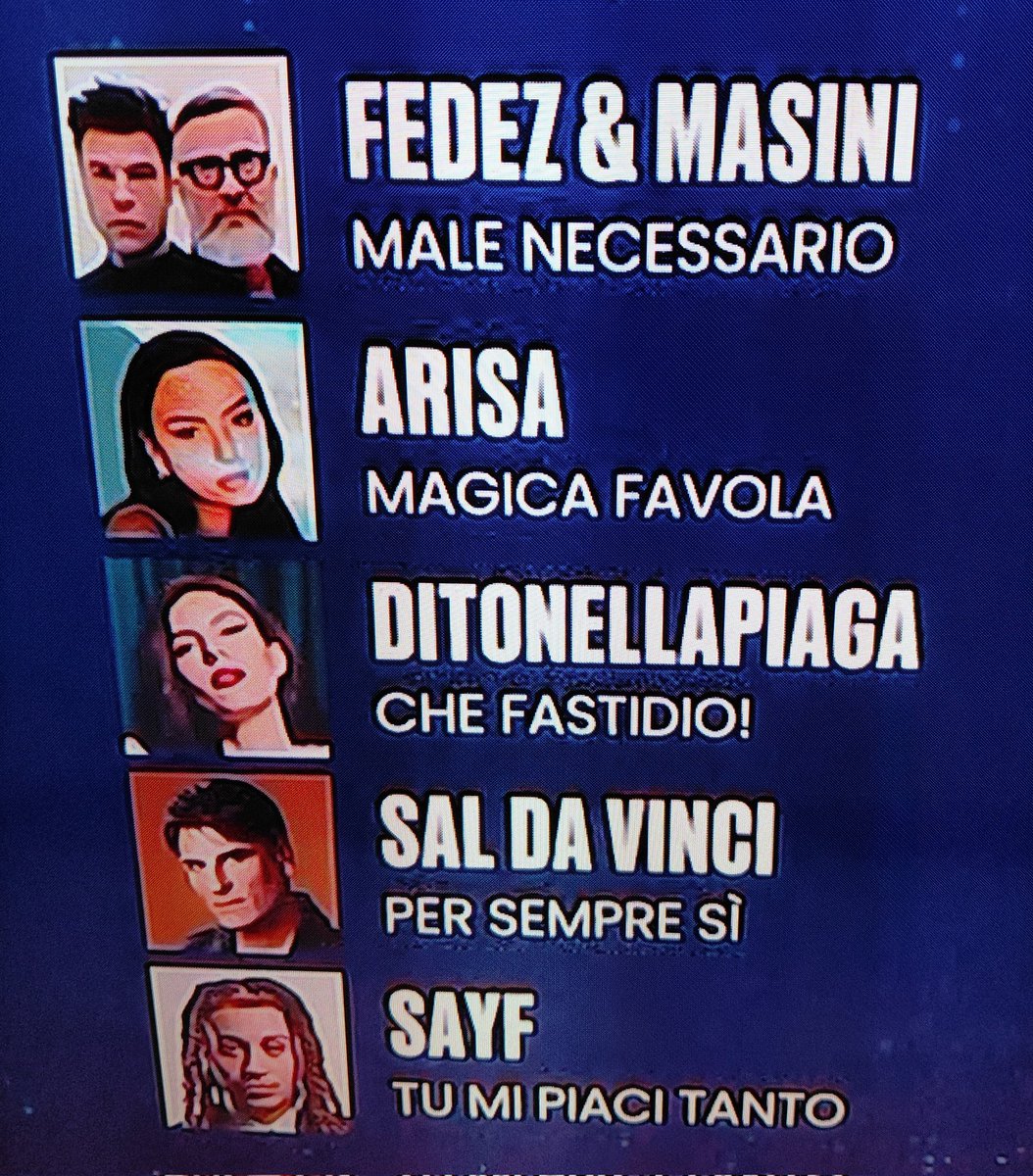 barmudu's tweet photo. #FestivaldiSanremo2026 Be' dai:a Fedez,Arisa e Sayf avevo dato 9...peccato per la Brancale,Malika ayane.
Io farei vincere Masini e Fedez...voi? https://t.co/3sl69VcO64