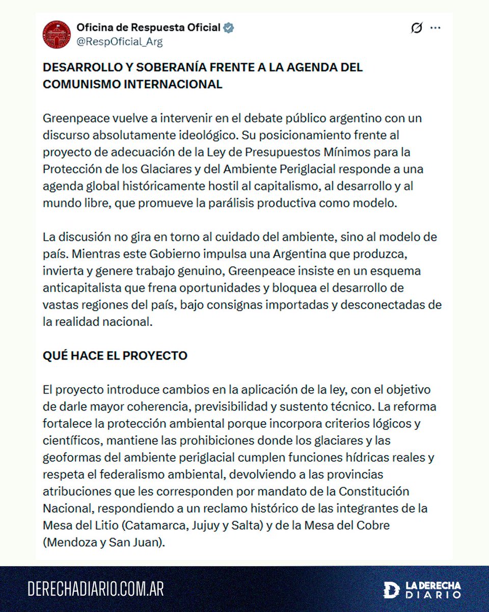 laderechadiario's tweet photo. 🚨🇦🇷🇬🇧 | #URGENTE @RespOficial_Arg del Gobierno de Milei destruyó a la ONG ambientalista británica Greenpeace luego de que vandalicen el Congreso de Argentina para protestar contra la minería: "El ambientalismo que impulsa Greenpeace no busca equilibrio ni soluciones concretas. Busca impedir el progreso".
