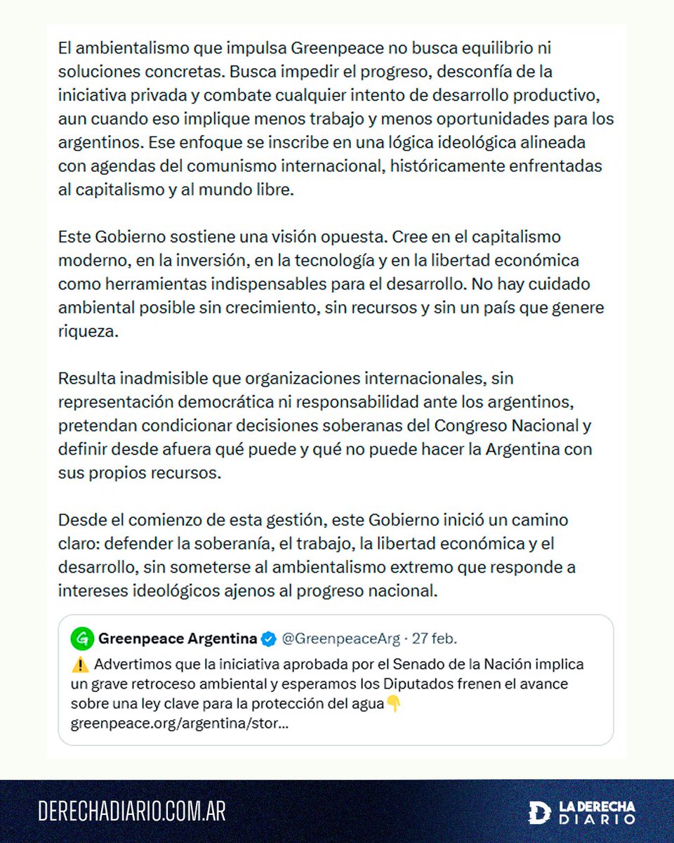 laderechadiario's tweet photo. 🚨🇦🇷🇬🇧 | #URGENTE @RespOficial_Arg del Gobierno de Milei destruyó a la ONG ambientalista británica Greenpeace luego de que vandalicen el Congreso de Argentina para protestar contra la minería: "El ambientalismo que impulsa Greenpeace no busca equilibrio ni soluciones concretas. Busca impedir el progreso".