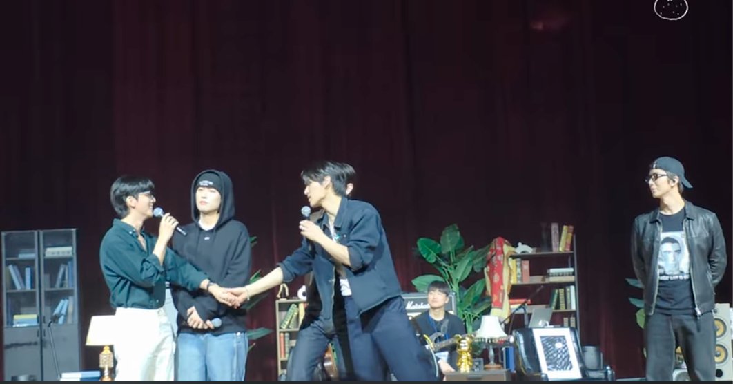 JPrfct9's tweet photo. #SF9 #YooTaeYang with #INSEONG #JAEYOON #HWIYOUNG and #YOUNGBIN at his fan meeting. A fantasy posted this segment here on YT if you'd like to watch: https://t.co/BoR2EJfoN6

this takes place at the end of the fan meeting. He's making his final comments and introducing his last song. 

He starts in this clip by asking the audience how it was to be here with him. They all cheer, and he says thank you. He said he thinks he'll remember this moment and experience for a long time; the memories will stay deeply with him and he'll keep them close. He'll miss experiences like this a lot (omg already...😢)  at that point someone in the audience made a sad noise so loud he heard it even with his in-ears and commented on it. 

He said there are only a few days before he enlists, but in this time before that, spending his birthday with fans like this, creating good memories together, being able to leave in this way, he's very thankful and grateful for this opportunity. This is his last stage before he goes. He hopes that fans are happy every day. 

Then he starts singing the song by Noel called Together. 

The lyrics TaeYang sang:
Pain was buried in our memories
(we'd pushed down) the days that gave us wounds
The days when we had no choice but to accept things as they were
But even more so, we put love at the forefront

...and then JAEYOON started singing and walked onstage! 
Though it was hard for us,
we were walking together, and that can't be exchanged for any joy (can't be replaced by anything) 
Even if we can't solve this complicated world
someday, good days will come

...and then HWIYOUNG started singing and walked onstage...
Isn't living like this,
having hearts that breathe as one

...and INSEONG came in singing too! 
no wall is as strong as that
to overcome those countless trials

Anyway, the clip I linked above has some of the song clipped out, probably for copyright reasons, but they finished the song together, the four of them, with some beautiful harmony among them all. (How do they make it sound so effortless?) 

Jaeyoon yelled "Happy Birthday Taeyang!!" and Taeyang said the special guest members have joined together with him, just like the song title. 

He asked how they were able to come when they're so busy. IS said, "I'm not busy. I'm practicing for the samgyeopsal opening, so I'm not busy." YTY turned to HY and asked how he could make it since he's been busy too, and HY said he absolutely had to be there, and he was thankful YTY invited him. Then he asked them all to introduce themselves. 

IS: "Hello everyone, nice to see you. Preparing the March samgyeopsal opening again, working hard these days as a self-employed business owner, I am SF9's Inseong, nice to meet you." He asked for understanding because he was working today and came in a slightly mismatched hip-hop outfit, so please understand. But since today is YTY birthday, a meaningful day, they prepared this song together to share his final greeting to the fans together, and he really wanted to be a part of it. 

JY: He said he's celebrating YTY birthday more than everyone else because he was watching the performance backstage. He could see it going well, and seeing everyone enjoying and celebrating like this, he was really pleased to see it. 

HY: He wanted to participate in this fan meeting and felt lucky to be able to join in, and it made him happy. He wanted to congratulate YTY, so he attended with a happy heart. He asked the audience if they were enjoying it. They said yes, and he agreed that it seemed as though they all liked it, and made him proud, and congratulated YTY and encouraged everyone to enjoy even more and make memories together. 

YTY said thank you to the members for coming early and helping to prepare. Then he said that one more person had arrived, and YB came in with a birthday cake and they all sang for him. IS said, "weren't you just performing?" and YTY said he told YB he knew he had a performance, and not to push himself or overdo it, because YTY knows how hard those musical performances can be. 

YB said he feels bad and sorry to YTY that he couldn't sing the song "Together" with him and the other members too, and then the audience said "do it again!!" and YTY said YB just finished his other schedule and came straight here. YB said happy birthday, and congratulations. 

YTY said that today being his birthday, right at midnight, messages started coming in the group chat congratulating him. they said they'd buy him a meal right away, things like that. Everyone reached out, Dawon-hyung too, so today feels like it's becoming happier for all of them together. Anyway, they really wanted to give them this gift of the members together (as many as could be there) as a present for fans. 

They said they'd do one more song together as the last stage. IS jumped in and asked everyone to stand and get into it all together. 

then they performed Don't Worry Be Happy. (OMG I'm going to miss YTY voice on the next album 😭) 

After the song, the audience started shouting for an Encore. (The guys were saying something onstage but the fan cam meant that was all I could hear)

Then YB said he didn't have inears, so it would be hard for him to sing something else, but then JY took one of his out and gave it to him. So they decided to do Melodrama and then take a group photo. IS said "It's been a while..." and their performance was definitely a little loose, but soooooooo endearing with the audience singing along. 

JY said the band was great too and asked the audience to cheer for them. 

They got themselves sorted to take a group photo and YB commented that their outfits didn't match at all--you couldn't even tell the season from what they're wearing. They took some more selfies (ones they've already posted online) 

YTY said it was really nice spending time with the members and thanked the audience so much for coming today. He didn't even know how to organize his thoughts, but for staying by his side until the end, supporting and loving him, he's truly thankful to fans. He'll now be able to leave with a happy heart. He also wanted to say thanks to the members too. 

Then YB jumped in and said recently during his musical, there was a special curtain call, and even though YTY was prepping for this fan meeting, he came to YB musical as a special guest. Because of that, YTY fan meeting rehearsal got pushed late until dawn. So YB felt sorry but also thankful for YTY doing that and he hoped today's fan meeting would go well. He asked the audience, "Did you have fun?" and everyone answered with a loud yes, and he said that was a relief because "Our Tayangie" put his heart into this. YB said he's doing well too, and since it's YTY birthday, he thanked everyone for attending, and asked that YTY would feel all the love. YTY said thank you. Everyone started shouting I love you, and YTY counted to three so  everyone could say "I love you!" at once. 

Then YTY started saying goodbye. This Melodrama encore wasn't planned but it was so exciting to do it, and he really just wants to do more. 

He said he knows it seems like he's going far away for awhile. He'll leave, but he'll come back too, and since he has to, he truly hopes we all stay well and healthy. As for himself, since this is the last time he'll be officially greeting fans, he promises to return safely and in good health. He asked everyone to spend good time with the members and stay well together. 

He said thank you, and "Fantasy, I love you." He'll return safely and healthy and please go home safely, everyone, and don't worry too much--it will go well. 

That's it!