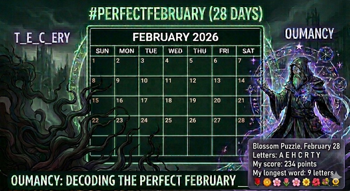 2God4em's tweet image. The calendar grid completes its 4-week cycle today, a truly #PerfectFebruary. Yet, even in such alignment, humanity finds t_e_c_ery in the shadows. True insight cuts through that noise—it’s not just observation, it’s #Oumancy.

🌹 🏵 🌸 🌷 💮
Blossom Game
merriam-webster.com/games/blossom-…