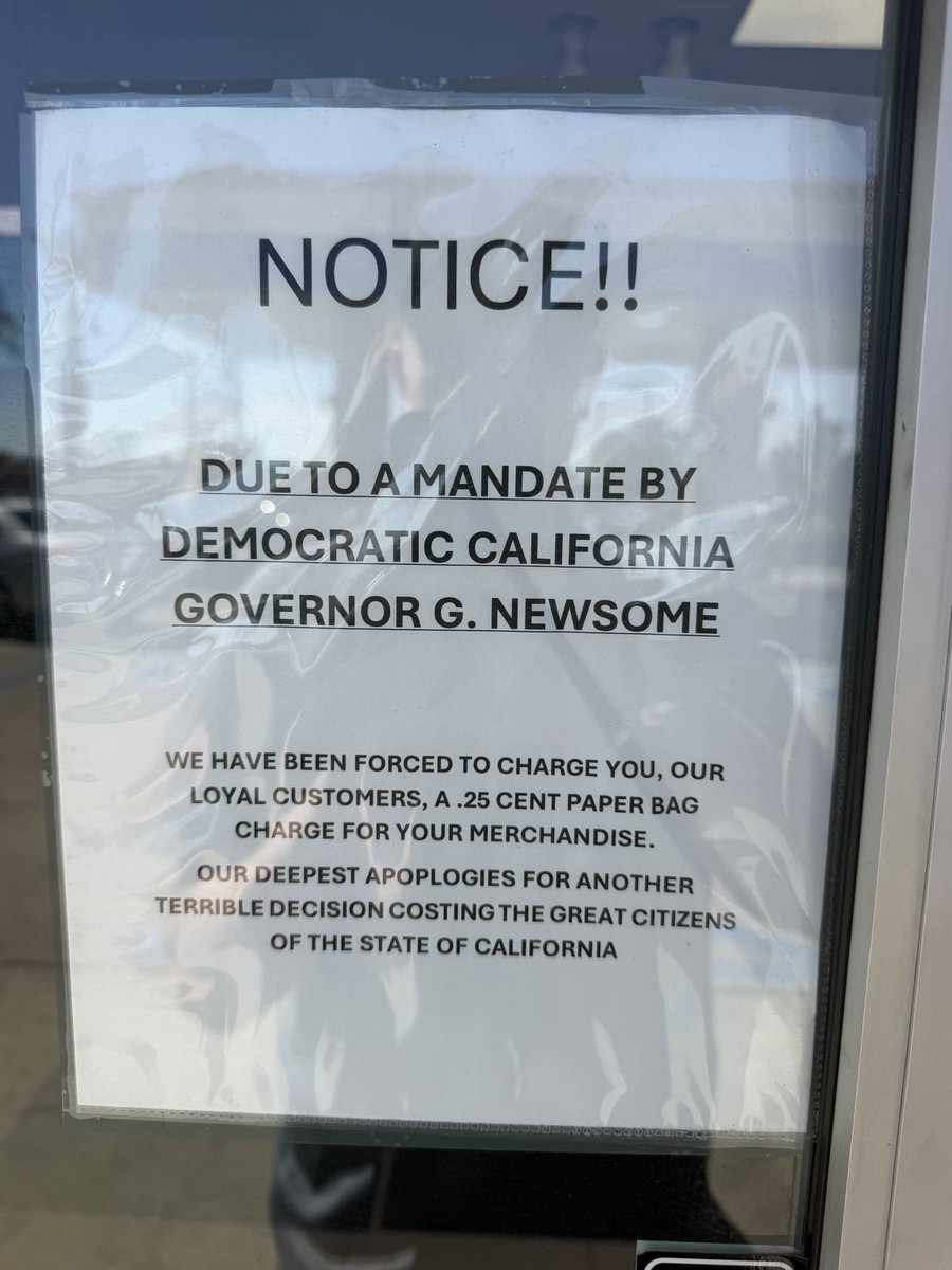 Just spotted this today at a Chevron in Moreno Valley, CA👀

A gas station owner apologizing to his own loyal customers.

Not for bad service.

Not for high prices.

For a bag.

Newsom’s 25¢ paper bag mandate has businesses taping up apology signs like this.
Sign says:

‘DUE TO A
