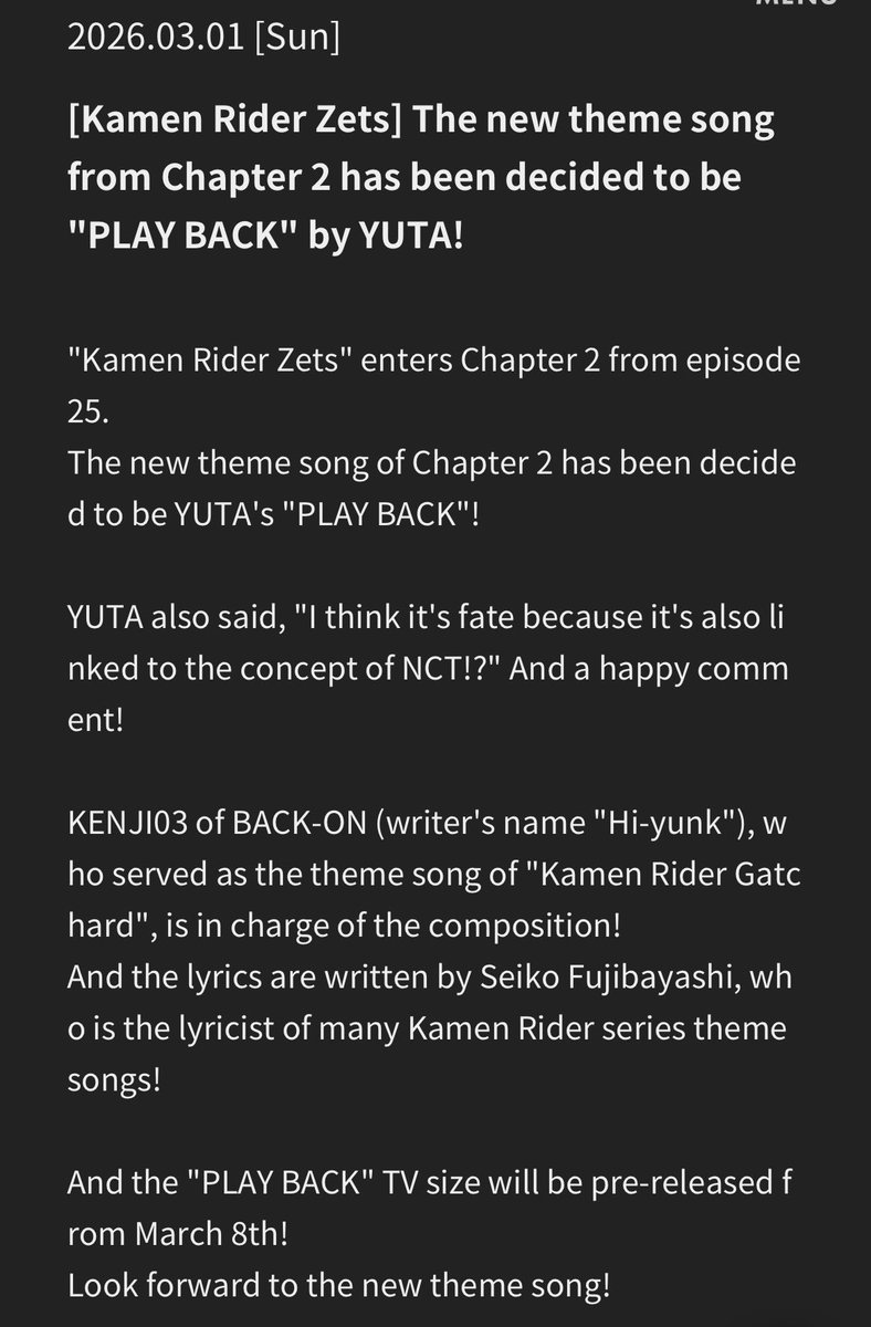 cherrymorolls's tweet photo. yuta will be singing the theme song for kamen rider zeztz chapter 2 with the song called “PLAY BACK”!!

congrats yutaa!!😭👏
🔗 https://t.co/fYU3N9QF07 https://t.co/4Vdd6RQ4lm