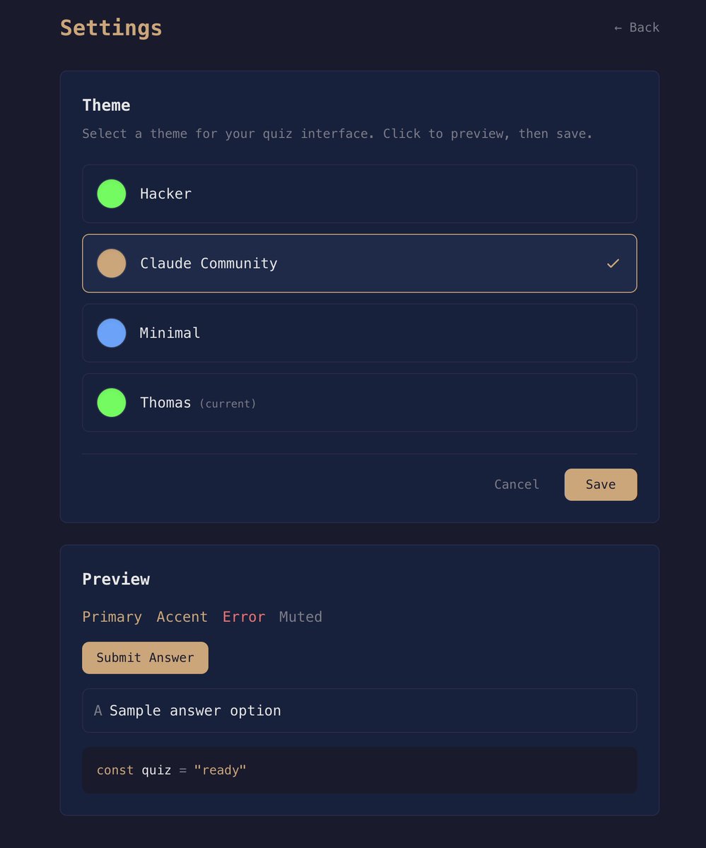 I created an MCP + <a href="/nextjs/">Next.js</a>  app that generates quizzes from your Claude (Code) sessions: 

- 4 question types (MC, multi-select, open-ended, code)
- 4 difficulty levels
- AI tutor chat after each answer
- 4 themes
- Full keyboard nav
- Retry for spaced repetition
- SQLite local