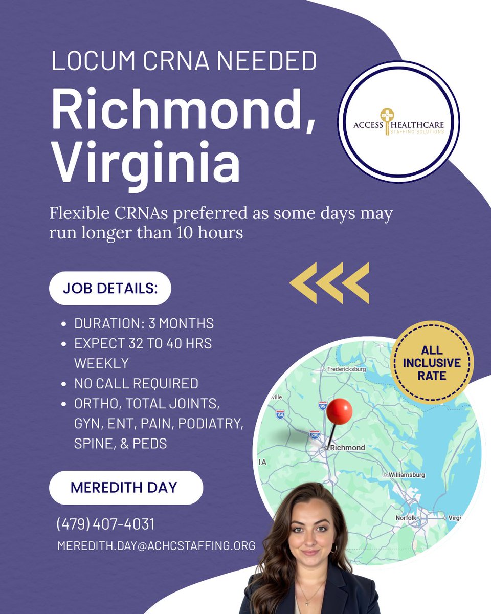 A new locum CRNA assignment is available for providers seeking consistency and a broad clinical mix. Contact Meredith Day for information.  #GetACCESS #CRNAjobs #LocumCRNA #LocumJobs #Anesthesia #AnesthesiaJobs