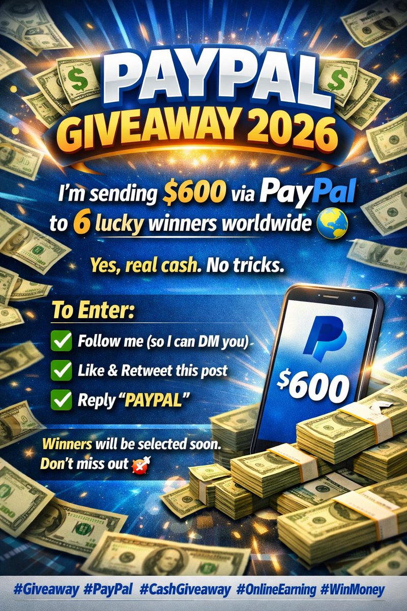 PAYPAL GIVEAWAY 2026 💸

I’m giving away $600 to 6 lucky winners worldwide 🌍

Want instant PayPal cash? Don’t miss this!

Follow me: <a href="/RahulGoswa38111/">Rahul Goswami</a>
 (so I can DM)
Like &amp; Retweet
Reply “PAYPAL” and I’ll DM you details.