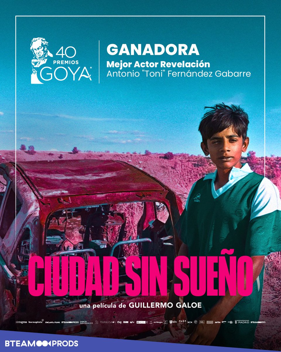 BTeamPictures's tweet photo. Nuestro querido Tonino, Antonio Fernández Gabarre, protagonista de #CiudadSinSueño, ha conseguido el Premio Goya 2026 a Mejor Actor Revelación 🥹💥✨
Una de nuestras #BteamProds junto a las compañeras de @buenapintamedia, @sintagmafilms y @encantafilms https://t.co/L0xu9soE5U