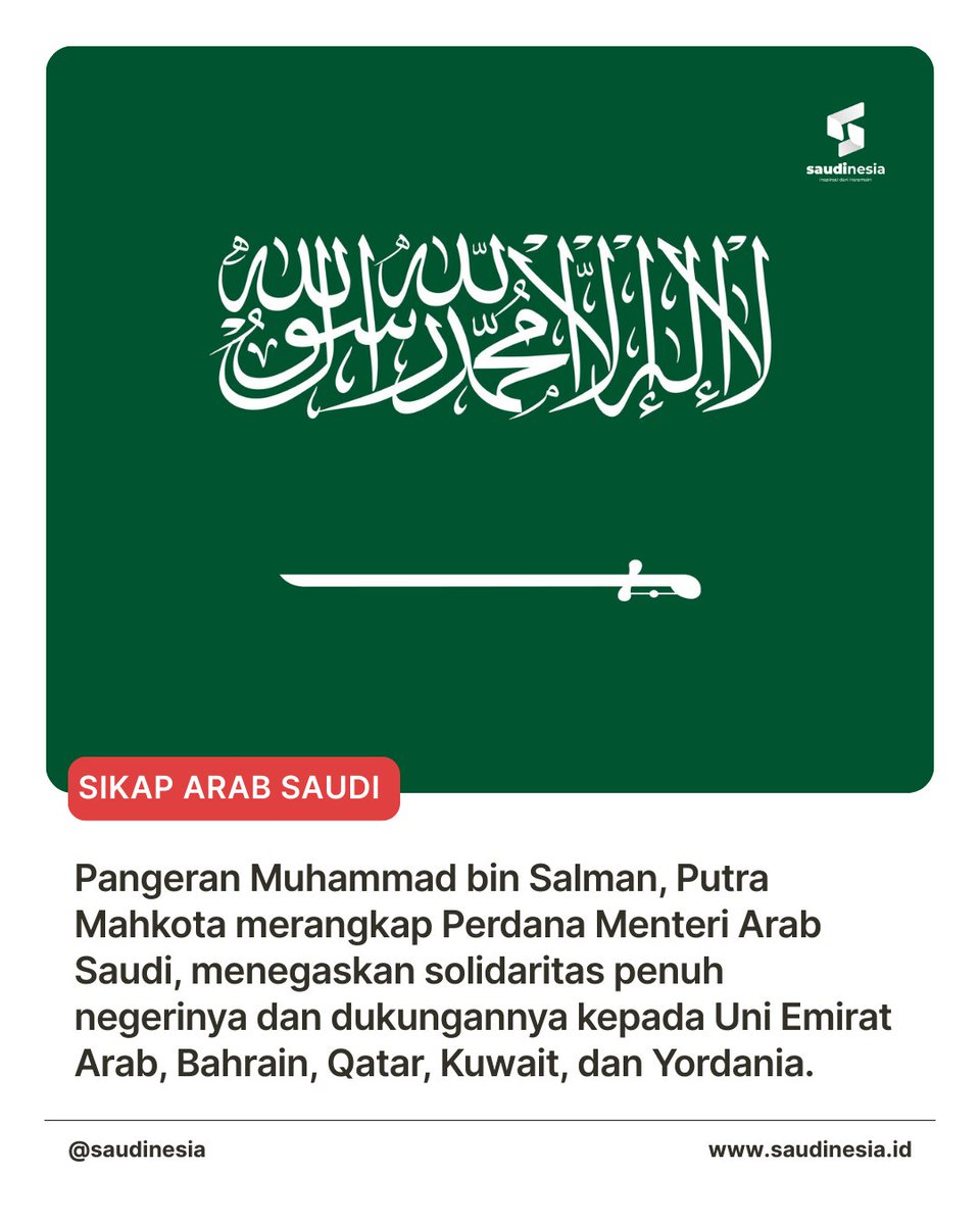 saudinesia's tweet photo. Kerajaan menyiapkan seluruh kemampuannya untuk membantu mereka dalam setiap langkah menghadapi serangan Iran yang keji yang menimpa negara‑negara Arab dan Teluk, yang mengancam keamanan serta stabilitas kawasan.

Baca selengkapnya di sini: https://t.co/olZkhd0kYS

#ArabSaudi #Iran #Teluk #Arab #Saudinesia