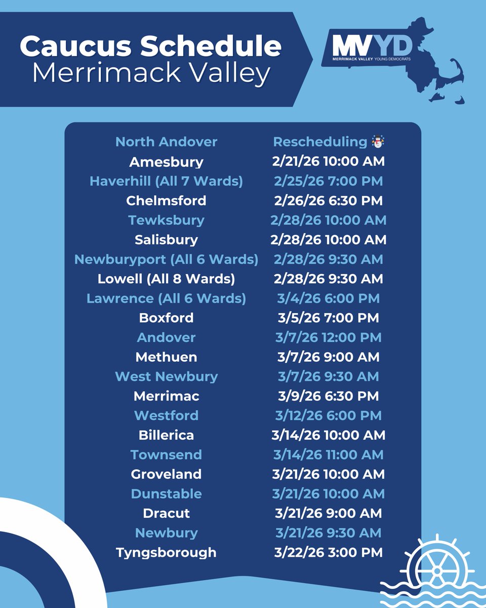 MAYoungDems's tweet photo. MetroWest, Merrimack Valley, South Coast, &amp; Cape and Islands Caucus Schedules

(5 of 5) https://t.co/so3NlZlDqC