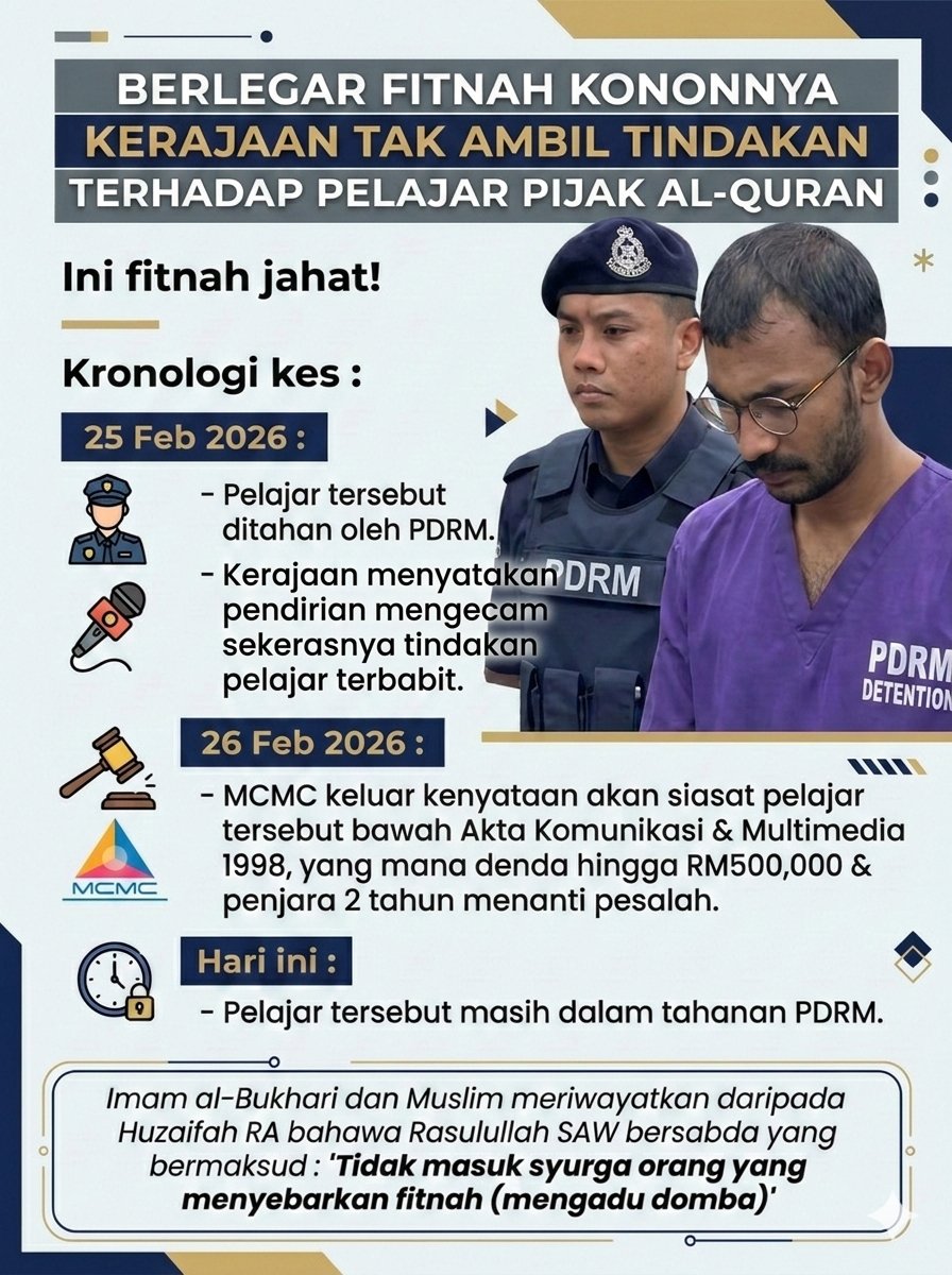 FaktaBukanAuta's tweet photo. Sedang berlegar info dalam group-group kampung & taman bahawa pelaku pijak Al-Quran telah pulang ke universiti & tidak diambil tindakan oleh Kerajaan.

Ini FITNAH jahat di bulan Ramadan!

Semakan mendapati hingga tarikh hari ini pelaku masih dalam tahanan PDRM sejak ditahan pada 25 Februari lalu.