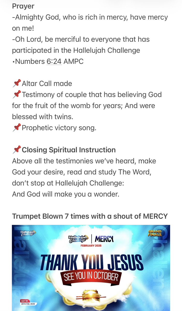 lauragift24's tweet image. Hello Team 🇺🇬

Welcome back from Day 20: The Hallelujah Grand Finale - Feb Edition 2026😅
You pressed in, God favor you by His hand of MERCY. 
Happy New Prophetic Year 🥳🎊
It’s been an honor, see you in October ❤️🙏🏽.

#Notes 
#Day20- THE GRAND FINALE
#HallelujahChallengeFeb2026