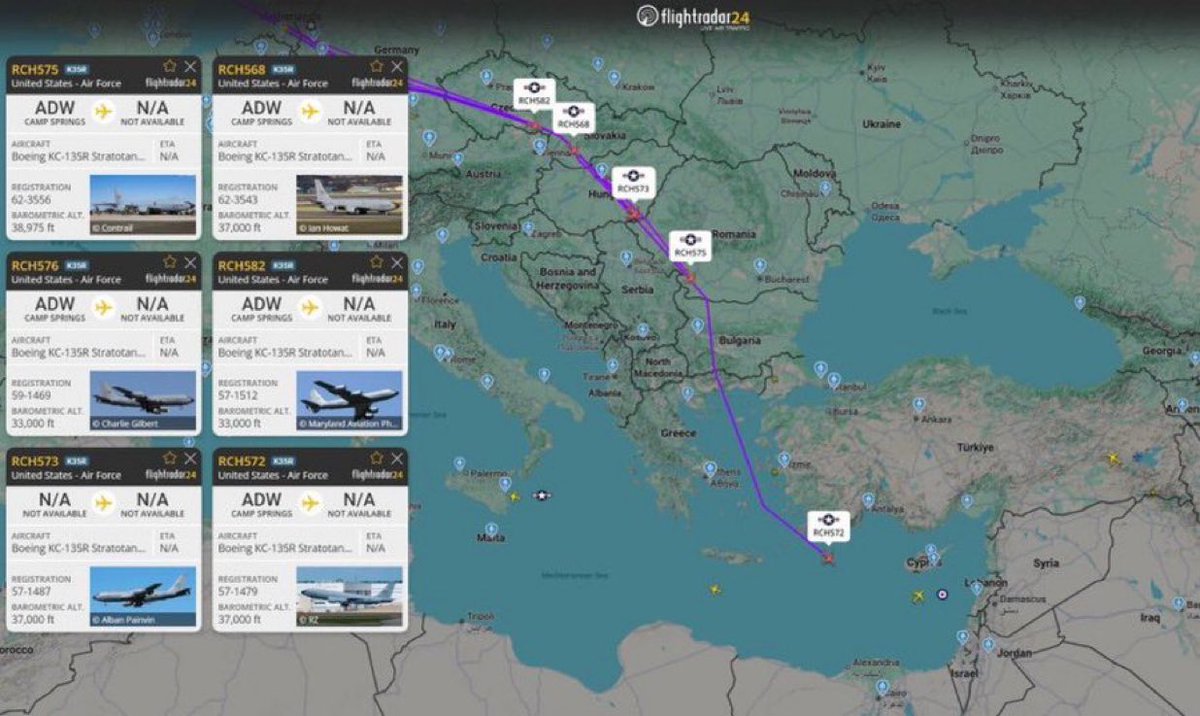 baharaliik's tweet photo. 🔴 Six US KC-135R stratovolant tankers are departing from Europe and flying towards the Middle East. https://t.co/DSJsyovX3o