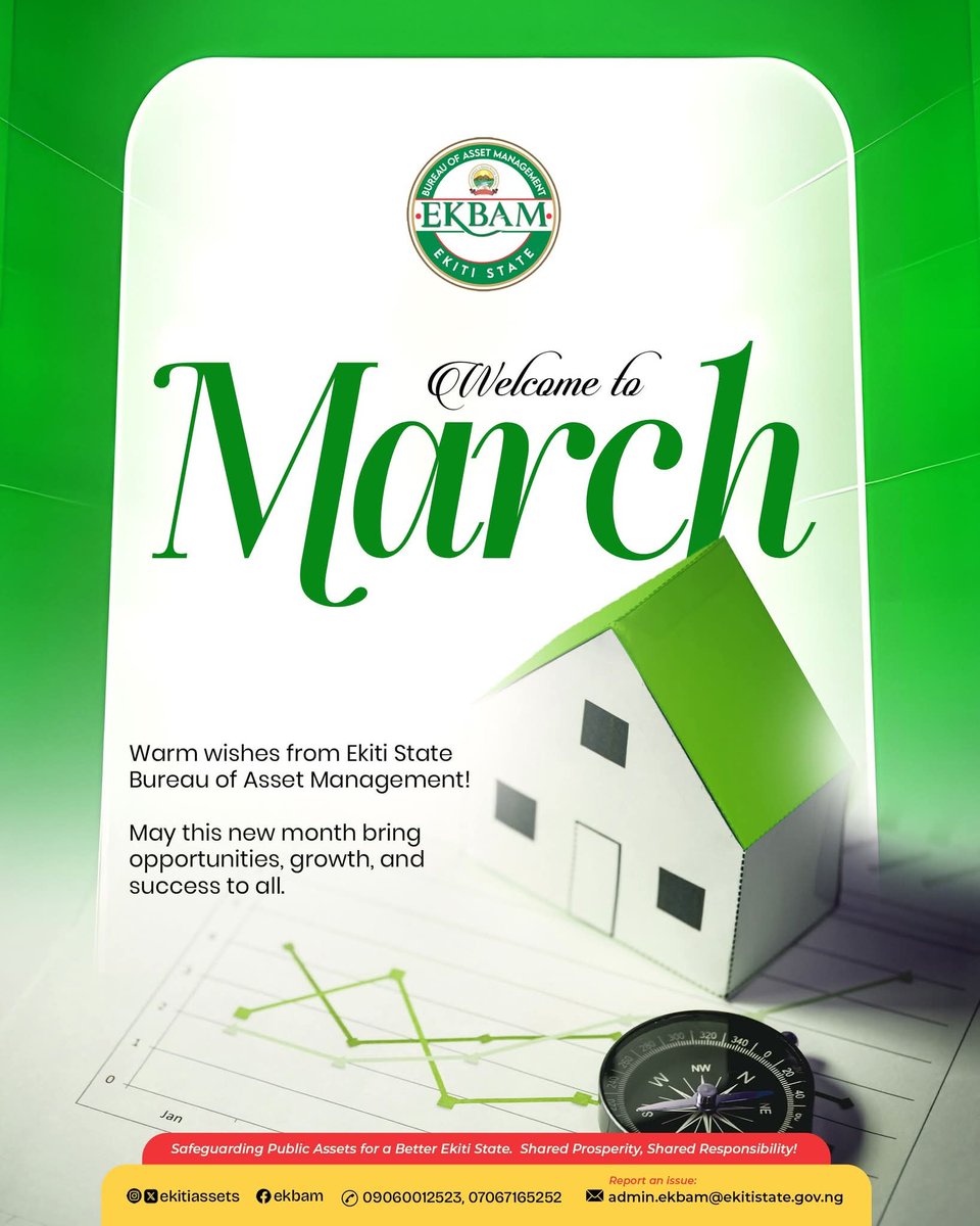 ekitiassets's tweet photo. Welcome to March from all of us at Ekiti State Bureau of Assets Management.

May this month brings good tidings our ways as we journey through the Month.

Safeguarding public assets. Serving Ekiti. Always.

#AssetManagement
#NewMonthOfMarch
#EKBAM 
#BAOGovernance 
#SharedProsperi https://t.co/ybwkVTEZzT