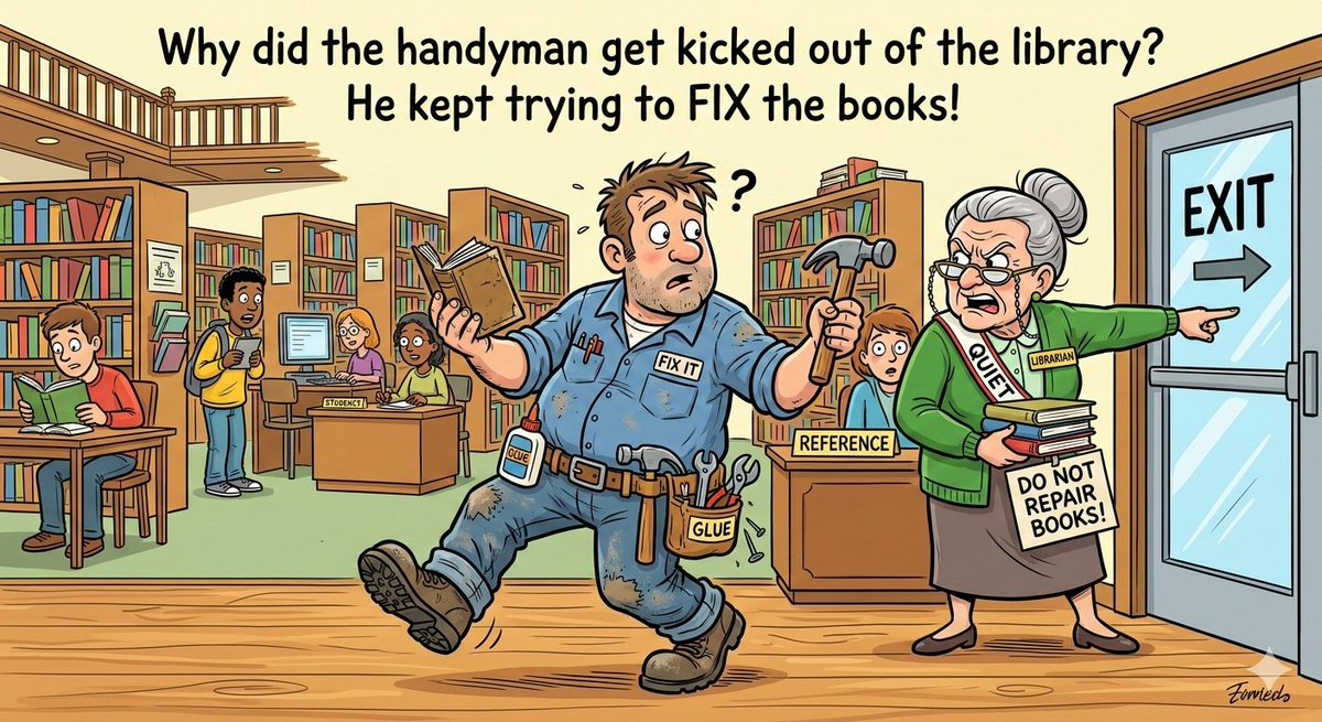 AAID1980's tweet photo. Why did the handyman get kicked out of the library? He kept trying to fix the books! https://t.co/m4dCCWf2KI