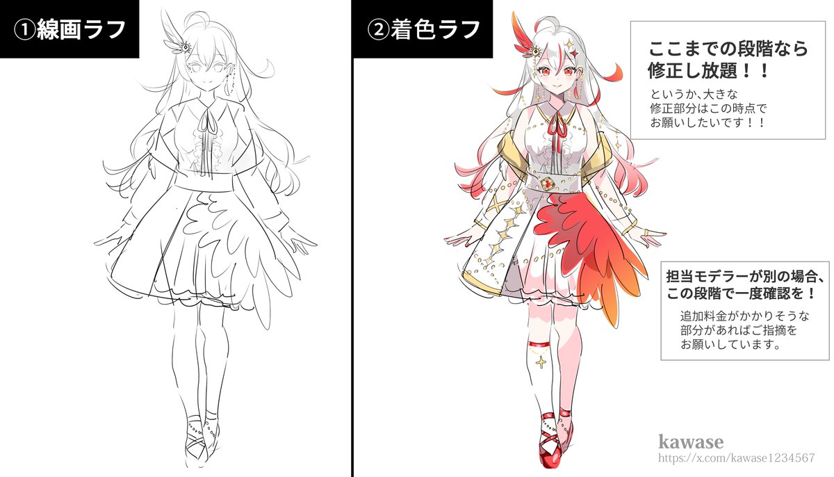 Live2Dの制作の流れ 【イラスト制作】 ①線画ラフ ②着色ラフ ③清書