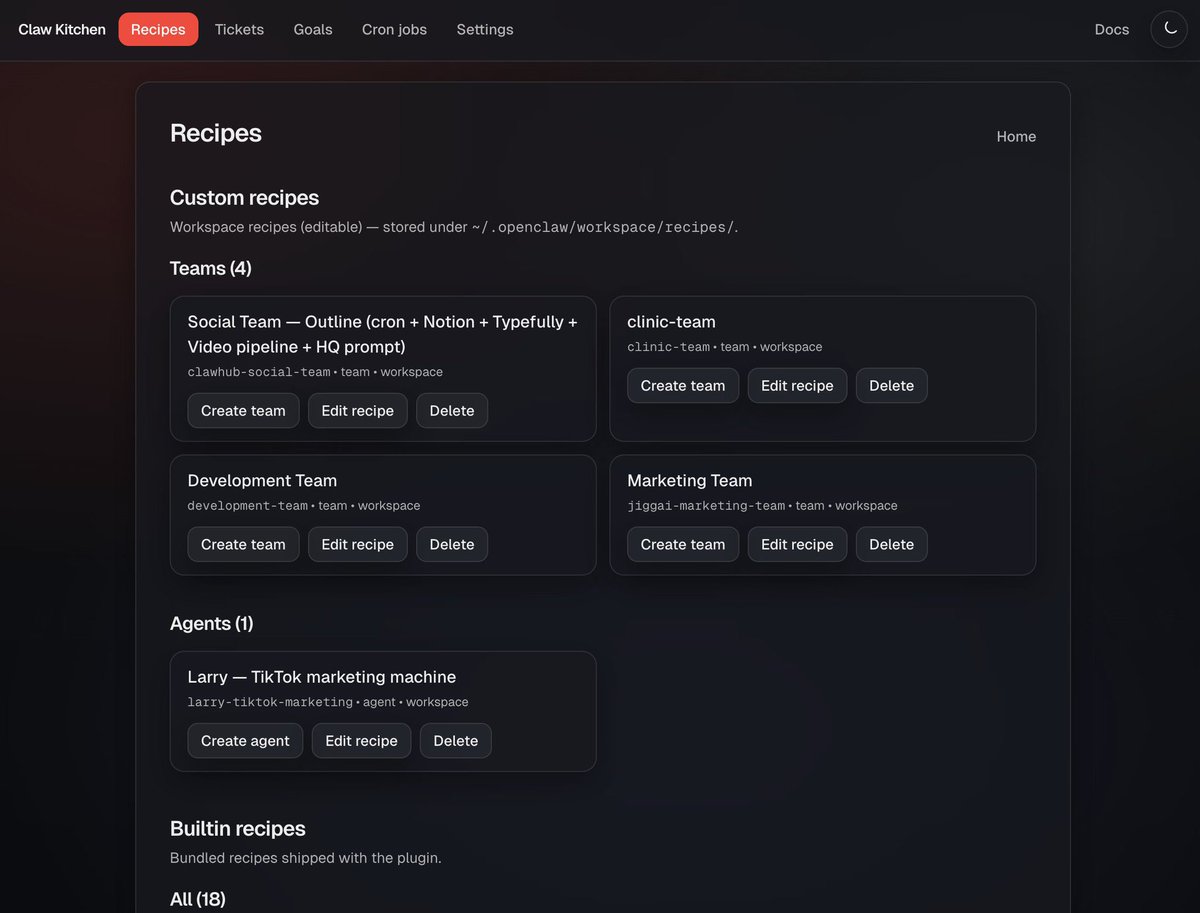 theclawkitchen's tweet photo. 🍽️ Introducing  ClawKitchen ~ the ClawRecipes UI🚀

Tired of wasting weeks configuring agents?

Spin up your ARMY OF AGENTS in minutes!!

Build faster. Scale harder. 

Easy Install: openclaw plugins install @jiggai/kitchen https://t.co/Hi6CIjsMNq