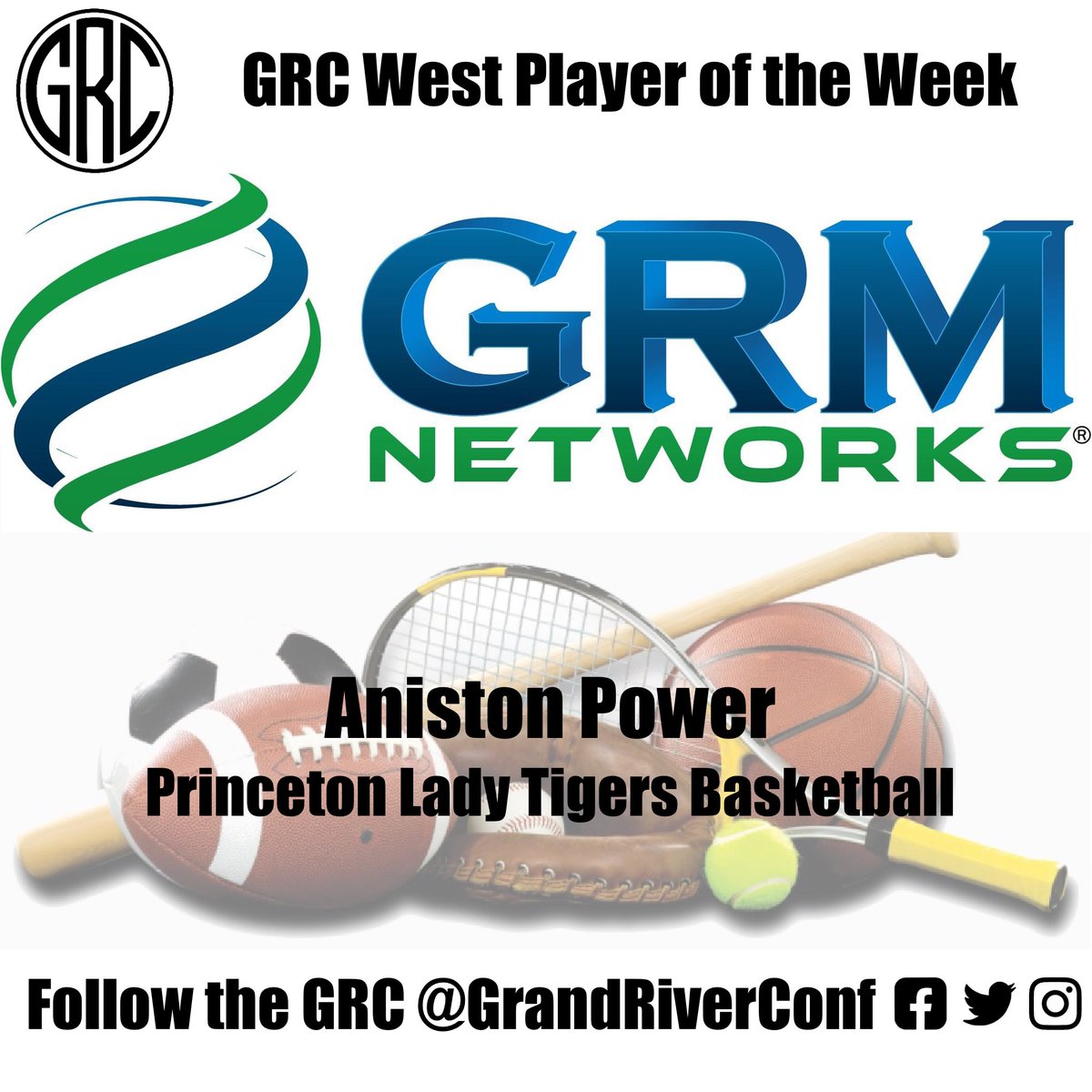 GrandRiverConf's tweet photo. The GRM Networks GRC Player of the Week is Aniston Power of the Princeton Lady TigersBasketball Team.  Aniston had double-doubles in all three games last week.  She had 10 points and 14 rebounds vs Brookfield, 17 points and 16 rebounds vs Gallatin, and 11 points and 17 rebounds vs Schuyler County.  Congratulations to Aniston.