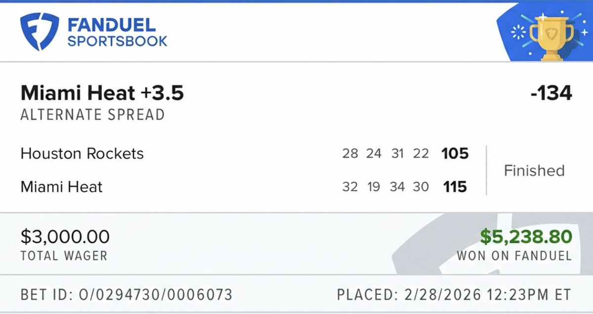 InfinitySportz1's tweet photo. Miami Heat +3.5 ✅ - 5,200$

10-1 free play run! We do this for y’all 👑 

JOIN FOR FREE ⬇️⬇️
https://t.co/wdXFD8inlE

#Sports #Sportsbetting #GamblingTwitter #GamblingX https://t.co/D1Mk4mn7V5