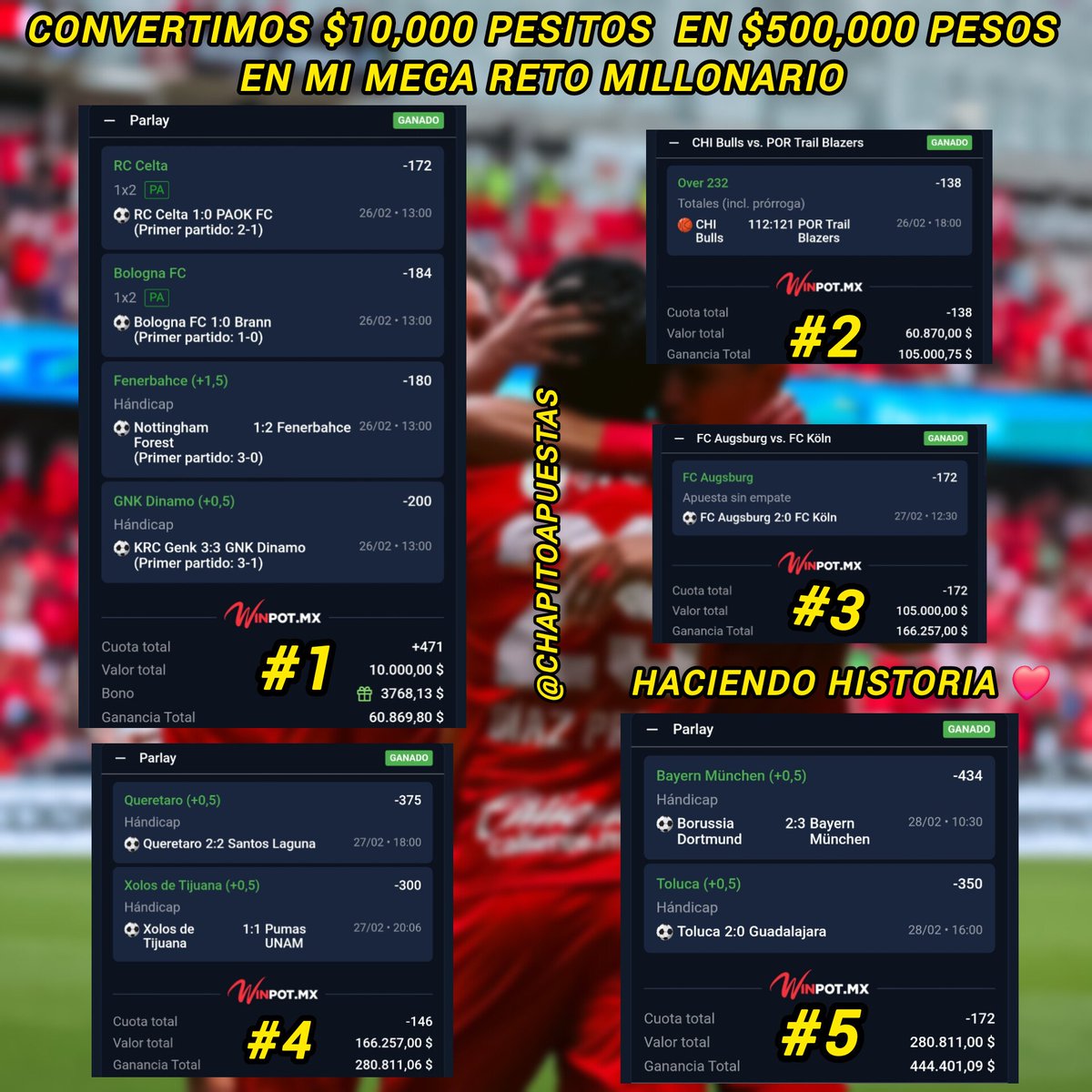 ChapitoApuestas's tweet photo. SE PRENDIÓ EL FUCKING CERRO 🔥🔥🔥 !!!

Simplemente BRUTAL lo de mi MEGA RETO MILLONARIO Chingones 🔥 !!

Convertimos $10,000 pesitos en casi $500,000 pesos 🤯

Convertimos $10,000 pesitos en casi  $500,000 pesos 🤯

MEDIO MILLÓN DE PESOS en este MEGA RETO 🌋 !!!!!

TODO TOTALMENTE GRATIS 🥳 !!

No paramos de hacer Historia ❤️ !!

SIMPLEMENTE EL REY DE LOS RETOS 👑🔝 !!!