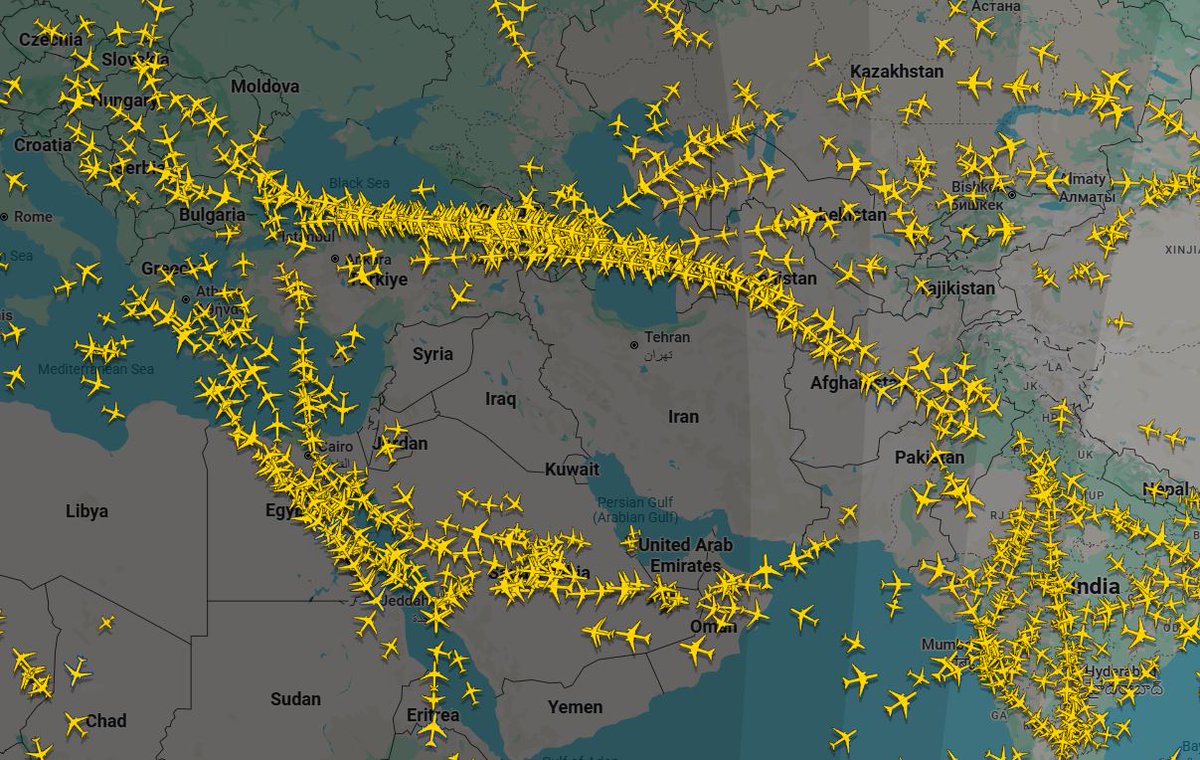AxelThill's tweet photo. I guess there is a conflict with missiles flying around...
Flight Radar, 1 March 2026 at 1am GMT
#IranStrikes #IsraelIranConflict #Khamenei https://t.co/QRsRg5nZOD