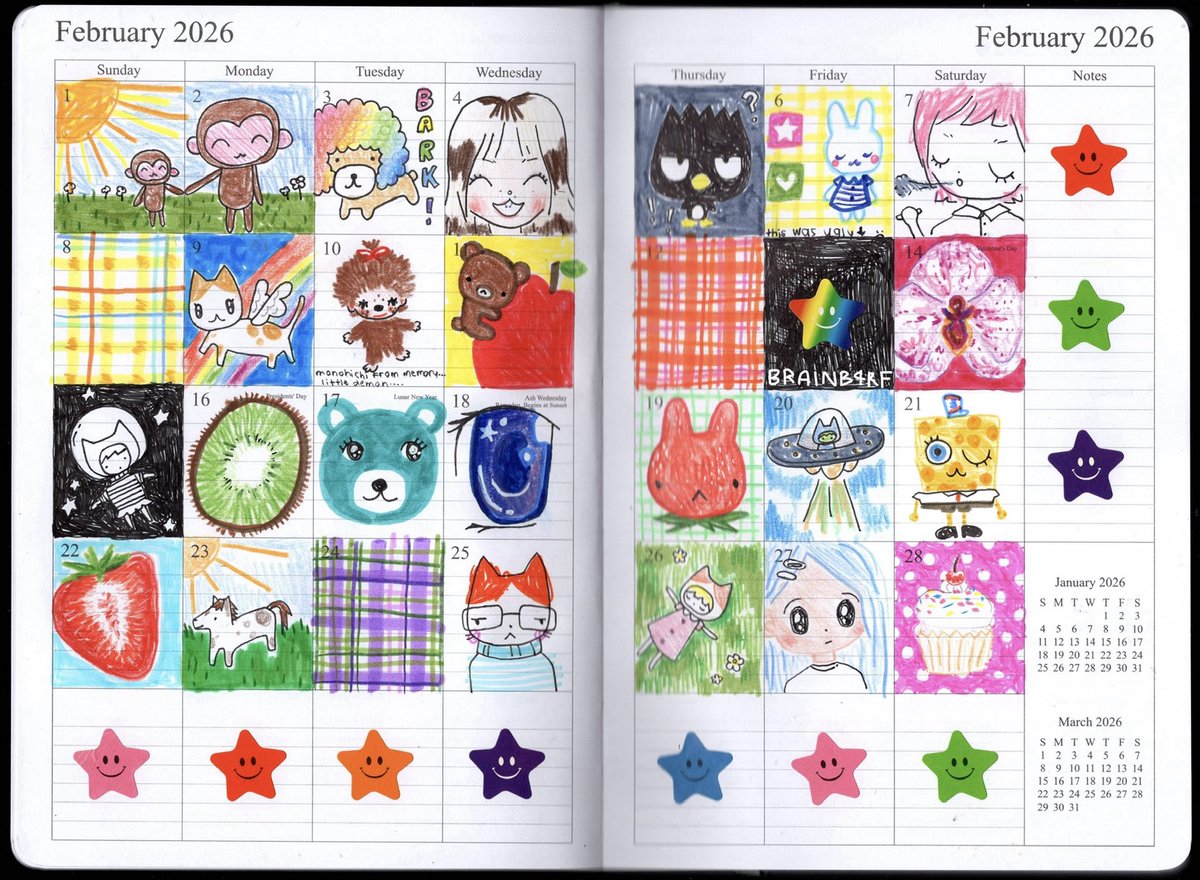 february doodle a day!! 🧁🍀🌀☁️🍎🐈