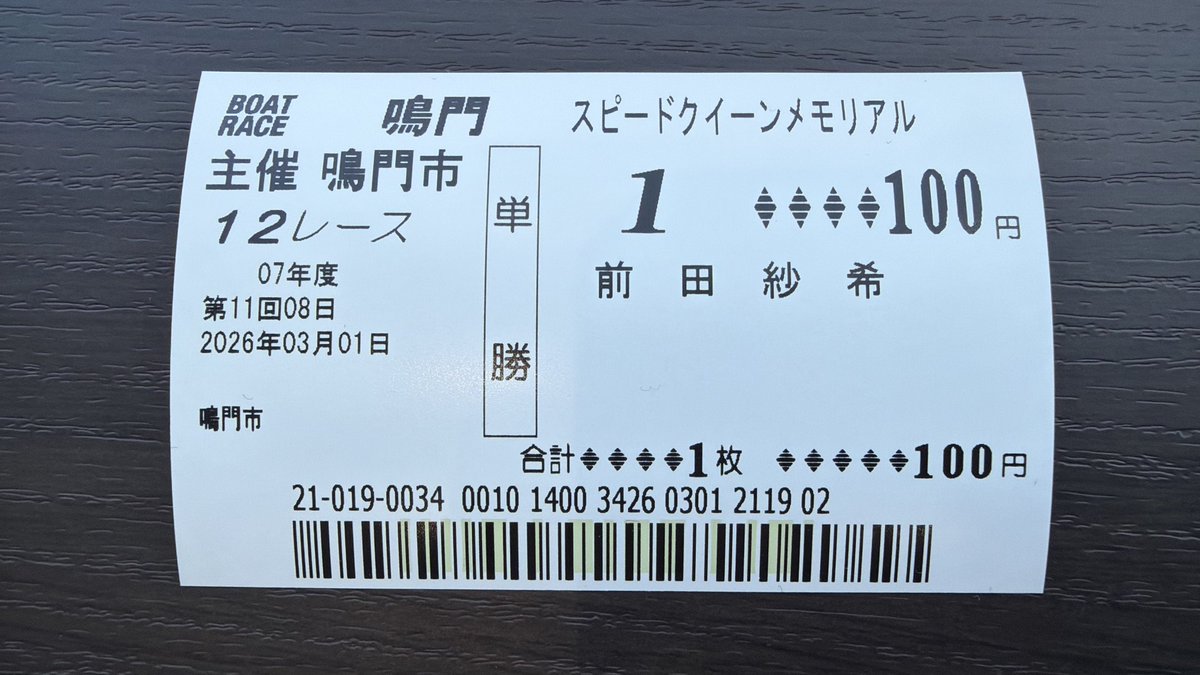 依頼分の、 前田紗希選手単勝舟券 初GI 1号艇優出で初優勝なるか