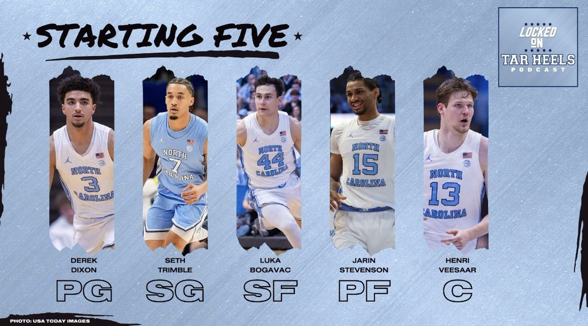 isaacschade's tweet photo. Starters for @UNC_Basketball vs. Virginia Tech:

Derek Dixon
Seth Trimble
Luka Bogavac
Jarin Stevenson
Henri Veesaar

#UNCvsVT https://t.co/G4P2YUWII2