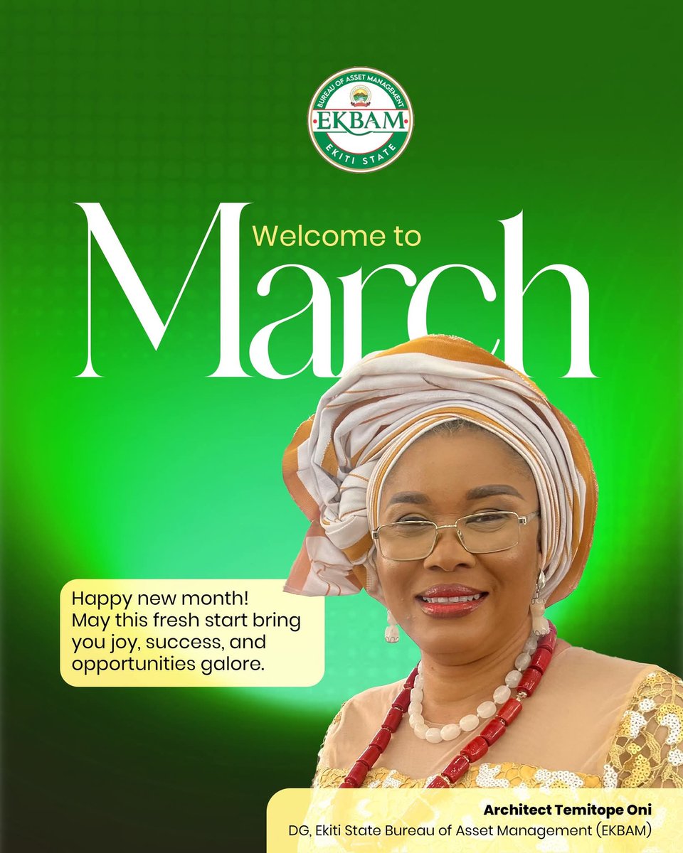 ekitiassets's tweet photo. Special New Month greetings to you all from the Director General, Ekiti State Bureau of Assets Management.

#EKBAM
#DGEKBAM
#BAOGovernance
#EkitiStateGovernmentNigeria https://t.co/AB2H6xKgYW