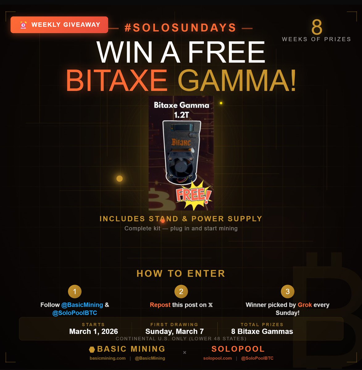 🚨 FREE BITAXE GAMMA GIVEAWAY SUNDAY 3/7🚨
It's #SOLOSUNDAYS — and we're giving away 8 Bitaxe Gamma miners, one every Sunday for 8 weeks! Each comes with a stand and power supply, ready to mine at up to 1.2 TH/s ⛏️
How to enter: ✅ Follow <a href="/BasicMining/">Basic Mining</a> &amp; <a href="/SoloPoolBTC/">Solo Pool</a>✅ Repost this