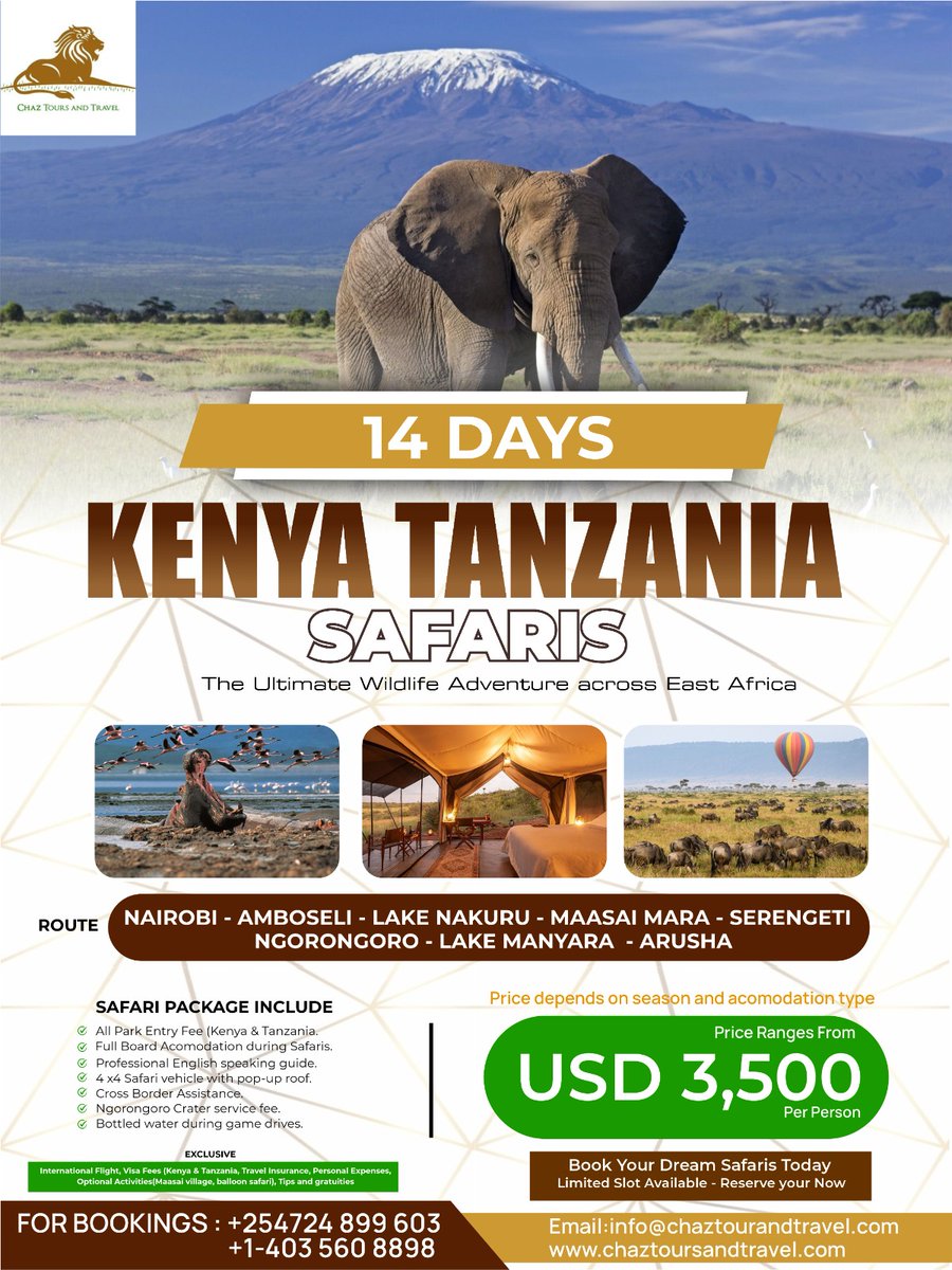 chaztours's tweet photo. 14-Day Kenya &amp; Tanzania Safari  A 14 days classic wildlife adventure that takes you through iconic national parks and reserves in both countries, offering some of the best game viewing on the continent from Big Five sightings to the plains of the Serengeti and Ngorongoro Crater. https://t.co/3B2ev1TYzI