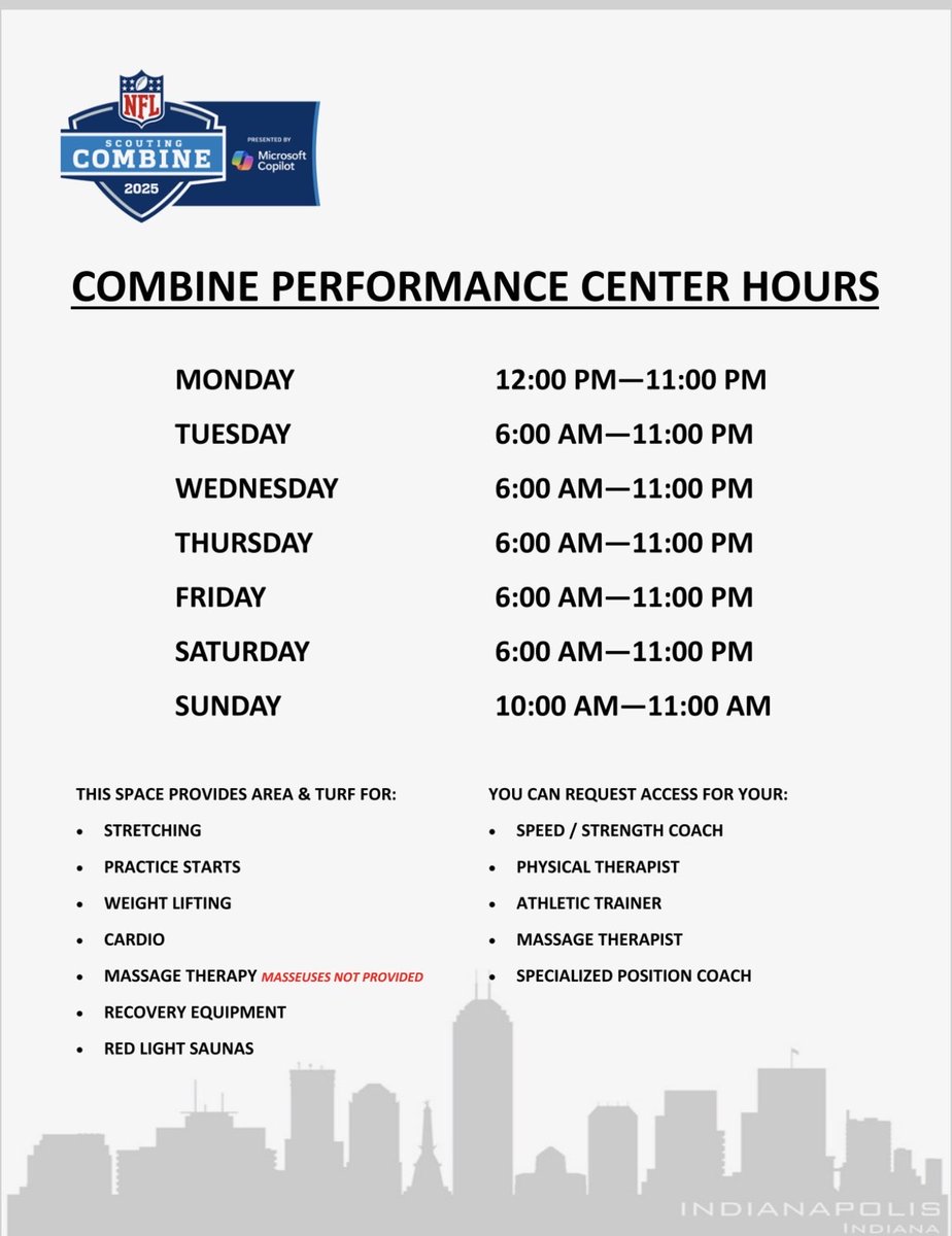 You want to see some more bullshit OL has to deal with here at the combine… The Performance Center is fucking open for 1 hour tomorrow! Would be a shame if some of the top guys pulled out…

Do better <a href="/NFLFootballOps/">NFL Football Operations</a>