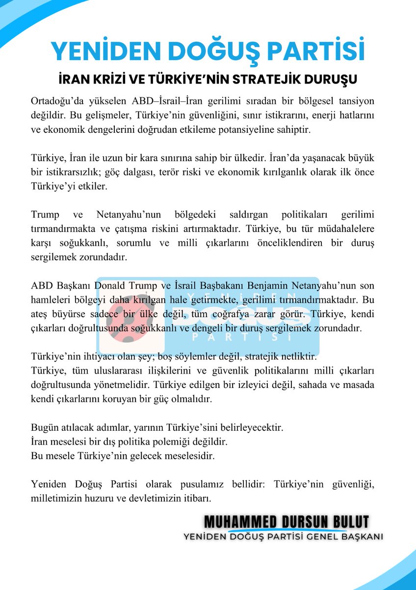Trump ve Netanyahu’nun saldırgan politikaları gerilimi artırıyor. Türkiye milli çıkarlarını önceliklendiren, akılcı bir duruş sergilemek zorundadır. 

Türkiye'nin ihtiyacı olan şey; boş söylemler değil, stratejik netliktir. 

İran meselesi sadece dış politika polemiği değildir.