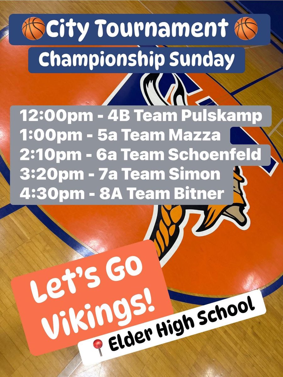 Sunday is set to be a good one! Come out and cheer on all our Vikings playing in the boys City Tournament Finals! 🏀💙🏀🧡