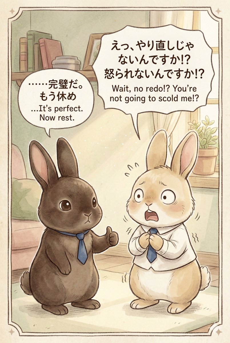 paradise4rabbit's tweet photo. 職人のマックスがおどろいたのは、テオの「あたりまえ」のレベルでした。

1ミリのミスも許されない毎日。 遅れれば、ずっと立たされて反省文。

テオにとって、 「かんぺきだ、休め」というマックスの言葉は、 信じられないくらい、やさしい魔法でした。🐰📐🌱

#うさぎのらくえん https://t.co/H9rH5gdEP1