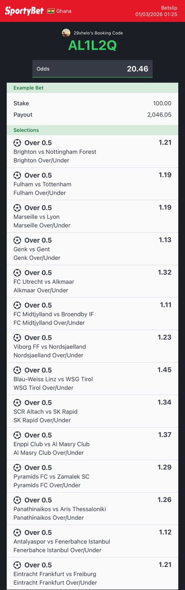 20 ODDS ON TEAMS TO SCORE AT LEAST 1 GOAL 🙏❤️🍀

SPORTYBET CODE - { AL1L2Q } 🍀👈

REPOST FOR EVERYONE TO WIN SOME 🥂❤️