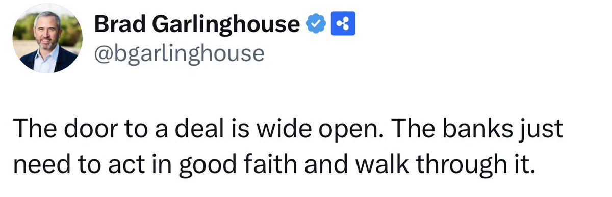 🚨BREAKING: CEO of <a href="/Ripple/">Ripple</a> - Brad Garlinghouse says that Banks are welcome to make a deal. #XRP