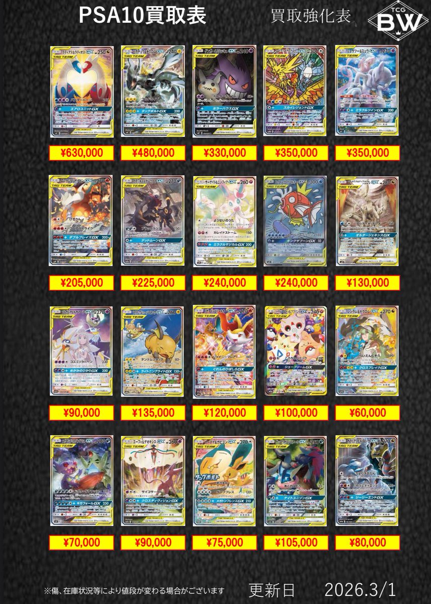 bw_tcg's tweet photo. ※3/1日のみ有効

買取受付時間　
素体カード(ポケカのみ)13時〜19時00分
PSA.未開封BOX 13時〜19時40分

ポケカ、遊戯王、ワンピース
PSA10.未開封BOXの買取表更新致しました！
買取表はツリー形式に投稿致します。

画像外のシングルカード、未開封BOX、PSA鑑定品も買取可能ですので是非お持ち込み下さい✨

※買取金額100万円以上は銀行振込での対応となります。
その場で即振り込みするので安心！
お使いの銀行によっては反映に時間を要する場合もございます。

※PSA買取基準
目に見える傷、ケース傷、ケース破損、インクド、カッティング跡がある場合は表記金額から減額または返却になる場合もございます。ご了承下さい。
#ポケカ                         
#遊戯王
#兵庫
#姫路
#TCGBW買取
#PSA10
#PSA買取
#スペシャルBOXトウホク
#スペシャルBOXヒロシマ
#スペシャルBOXフクオカ
#MEGAドリームex
#ムニキスゼロ