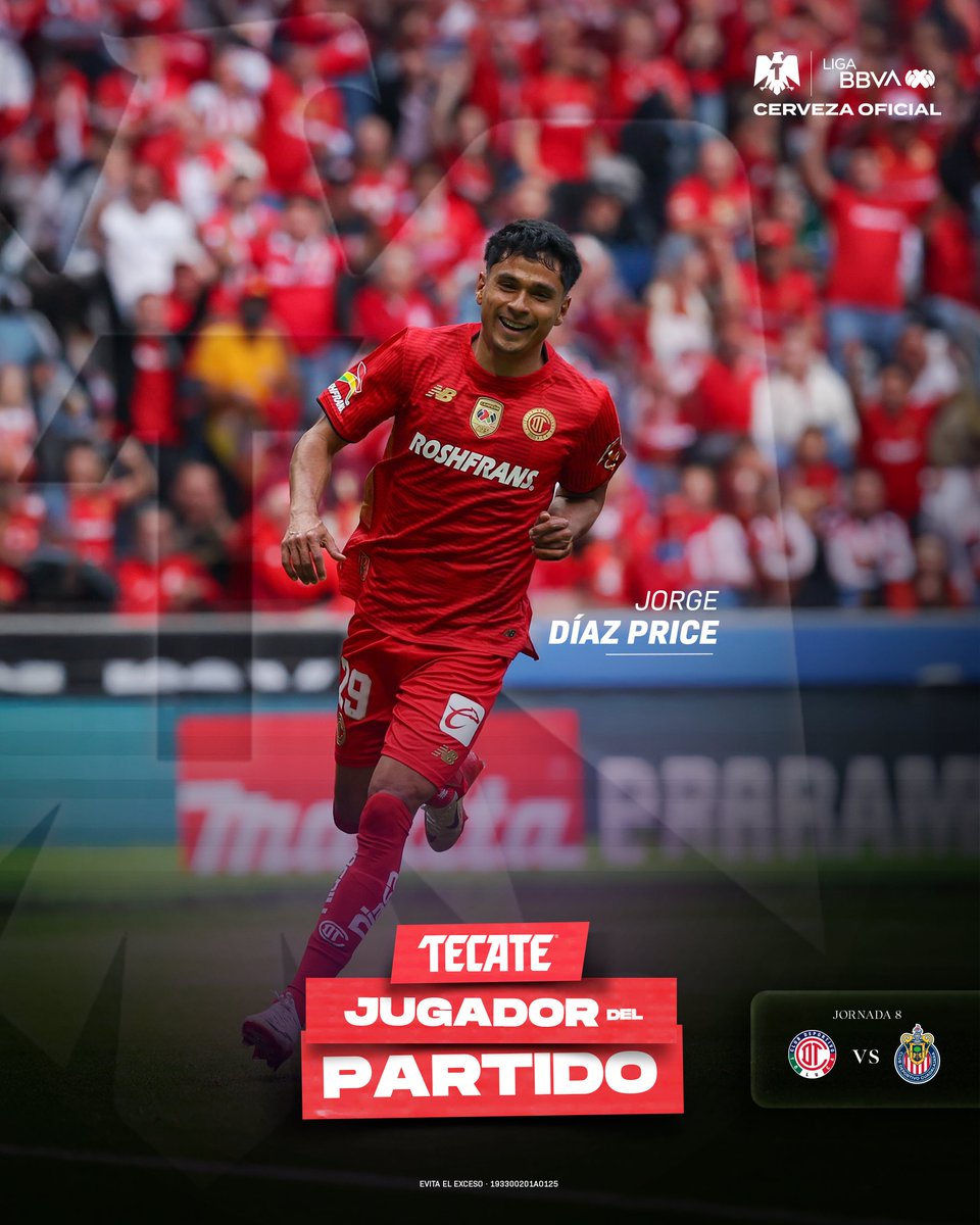 LigaBBVAMX's tweet photo. El primero para Jorge Díaz Price 👏

Hoy anotó su primer gol con @TolucaFC, su primer gol en Primera División y se llevó también los votos para ser el #TecateJugadorDelPartido. 🙌

@CervezaTecate | #TecatePorTi 
#TOLCHI https://t.co/4K93TLXv6Y