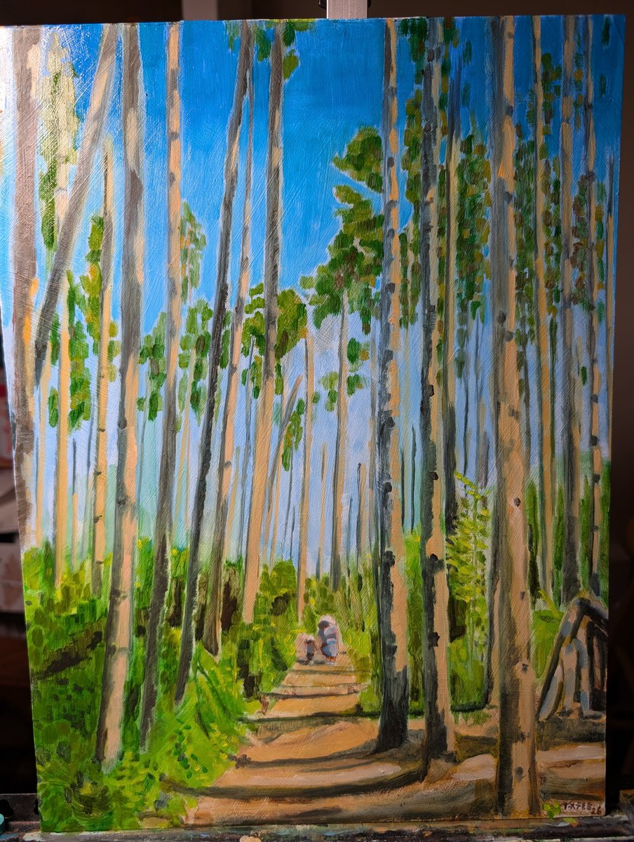 《Hiking》油画30.8x41cm。二月份因为沉迷VibeCoding耽误了油画进度。这幅月初的时候就完成了大部分，但一直没来得及收尾。赶快在二月的最后一天把它完成。照片来源自家人每年夏天都会去的公园，这片笔直参天树林多年前第一次见到就印象深刻，近4年前的大暴风雨打歪了不少棵但盛况仍在，不知安省的朋友