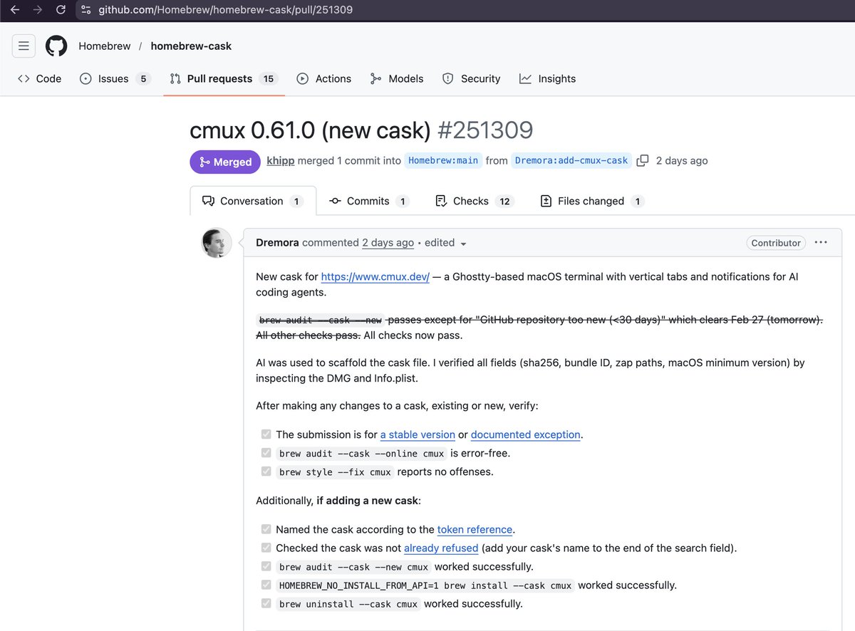 lawrencecchen's tweet photo. I was working on submitting cmux to homebrew, but someone already did it! Thank you @Dremora!

brew install --cask cmux https://t.co/oxkDbDod3P
