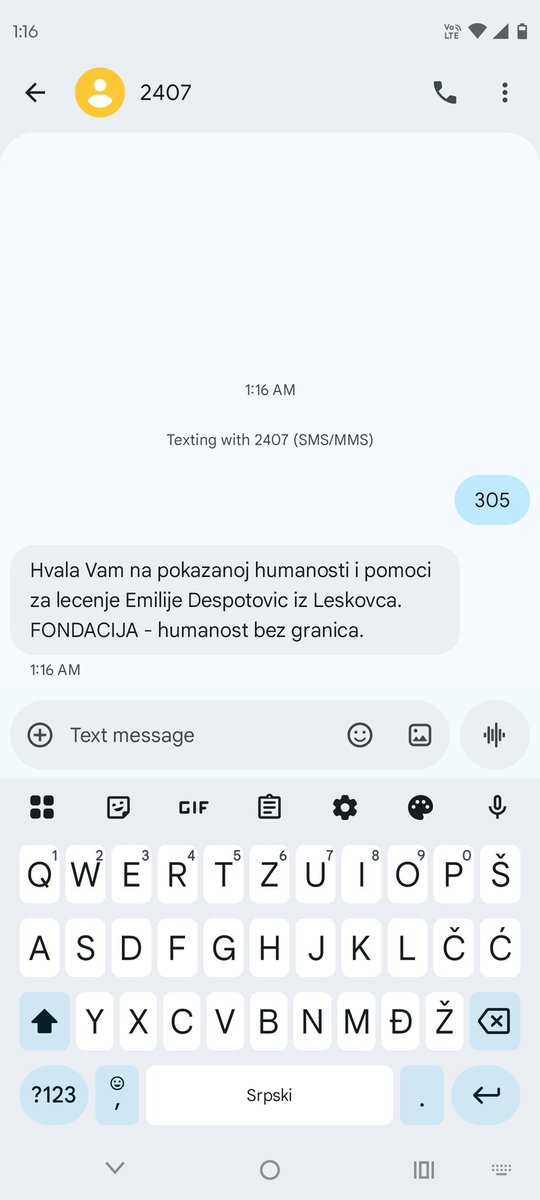 Pošaljite bar jednu poruku za lečenje Emilije Despotović i podelite ovu objavu!
305 na 2407 💚 💚