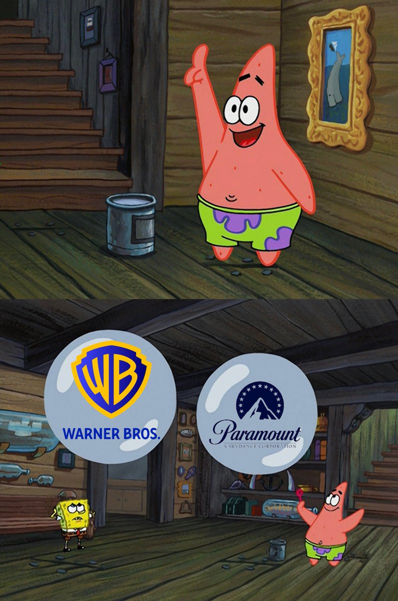 mccraecook's tweet image. A meme I did based off the scene from “Wet Painters” if SpongeBob would feel and react if his company actually merged with Warner Bros. due to the proposed merger between WB and Psky going forward.
#SaveWarnerBros #SpongeBobSquarePants #Paramount #meme