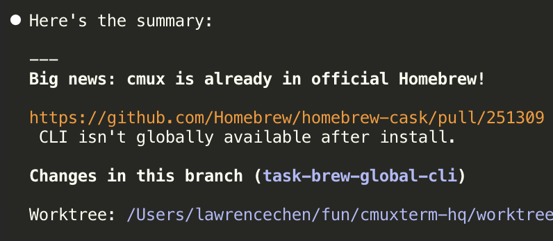 lawrencecchen's tweet photo. I was working on submitting cmux to homebrew, but someone already did it! Thank you @Dremora!

brew install --cask cmux https://t.co/oxkDbDod3P