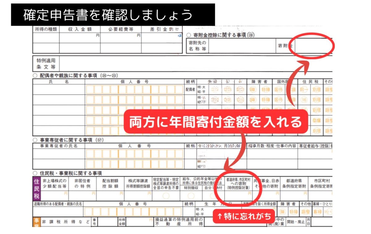 ourmoneybook's tweet photo. 《ふるさと納税したのに損してる人が絶対いる話》
「確定申告したから完璧」と思ってたら、【住民税が1円も控除されていない】という悲劇が昨年私に起きました…。
原因は寄付金の記入欄。記入箇所は『2箇所』あり、右下の「住民税に関する事項」を書き忘れるとアウトです。手書きの人はもちろん、e-Taxで申告する人も寄付金の種類を寄附金の種類の選択ミスでその他の寄附金などをチェックすると所得税しか計算されません（私はこのケース）
提出前のPDF （第二表） でここが空欄になっていないか念のためチェックしてください。

ワンストップ特例を利用せず、自分で確定申告する方は今一度ご確認を！