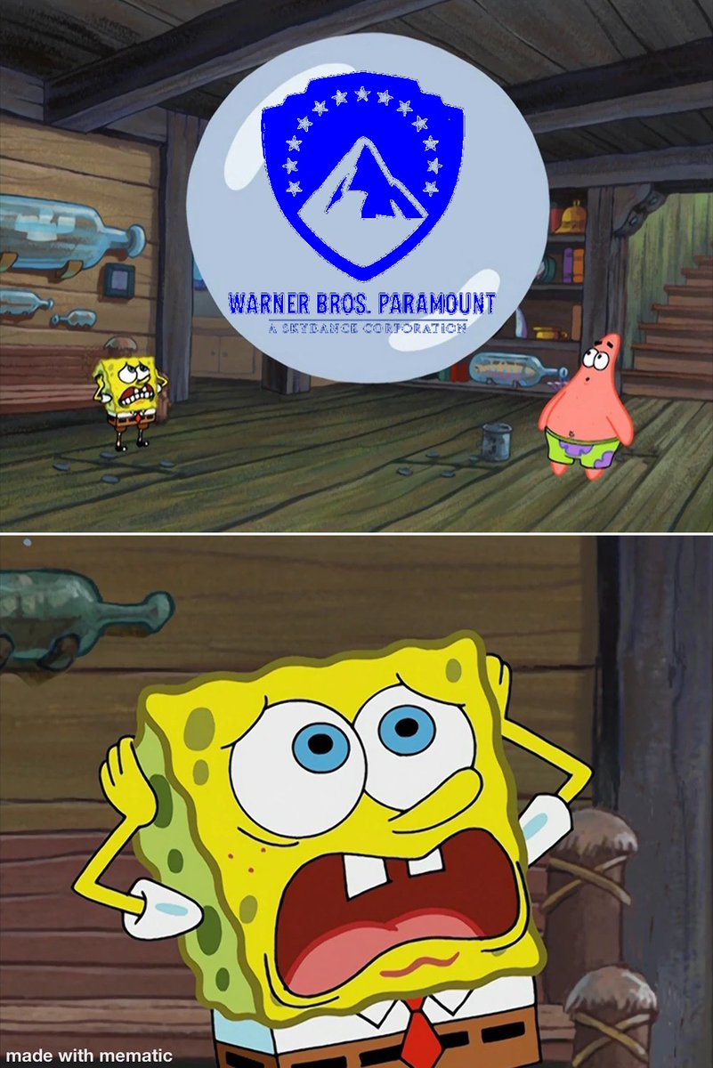 mccraecook's tweet image. A meme I did based off the scene from “Wet Painters” if SpongeBob would feel and react if his company actually merged with Warner Bros. due to the proposed merger between WB and Psky going forward.
#SaveWarnerBros #SpongeBobSquarePants #Paramount #meme