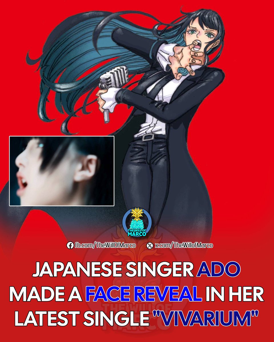 TheWillOfMarco's tweet photo. ⚠️ BREAKING NEWS ⚠️

Japanese singer Ado has made a surprising face reveal in the music video for her latest single "Vivarium"! 😳✨

She is the voice behind the songs in One Piece Film: Red, including New Genesis and Where the Wind Blows, with New Genesis winning the Song of the Year award at the MTV Video Music Awards Japan. 🏆🎶

Part of her mystery and charm as an artist is that she has never revealed her face—until now. I guess this confirms that Ado is a real human after all!!! 😂

Back in 2022, when One Piece Film: Red was released, Eiichiro Oda reportedly joked that “Ado,” when read backwards, sounds like “Oda,” and said, “What is she, my daughter? LOL.” 😅

Rumors online then circulated that Ado might really be Oda’s daughter LMAO 😆

(Link to "Vivarium" by Ado in the comment section)